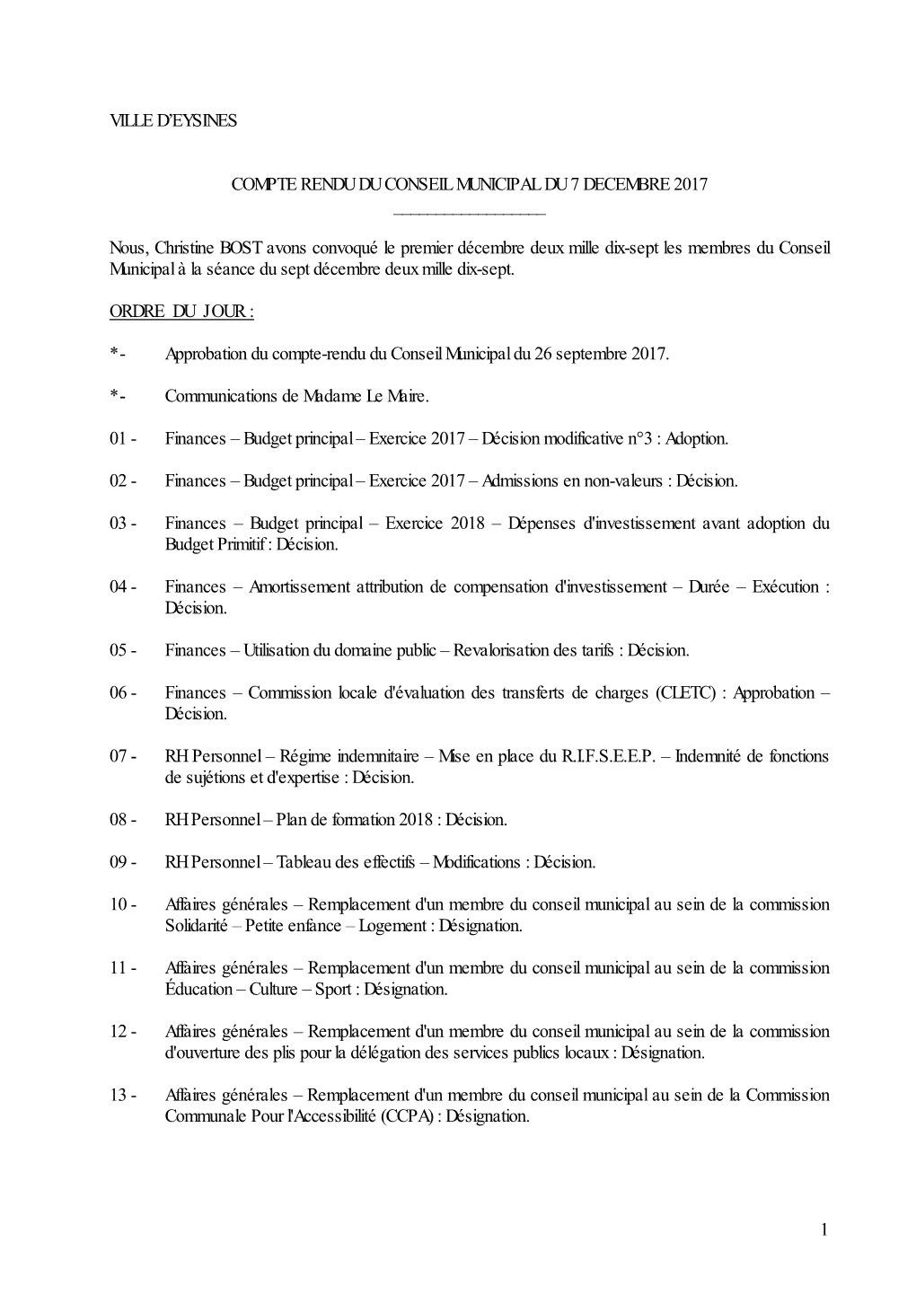 Conseil Municipal Du 7 Décembre 2017