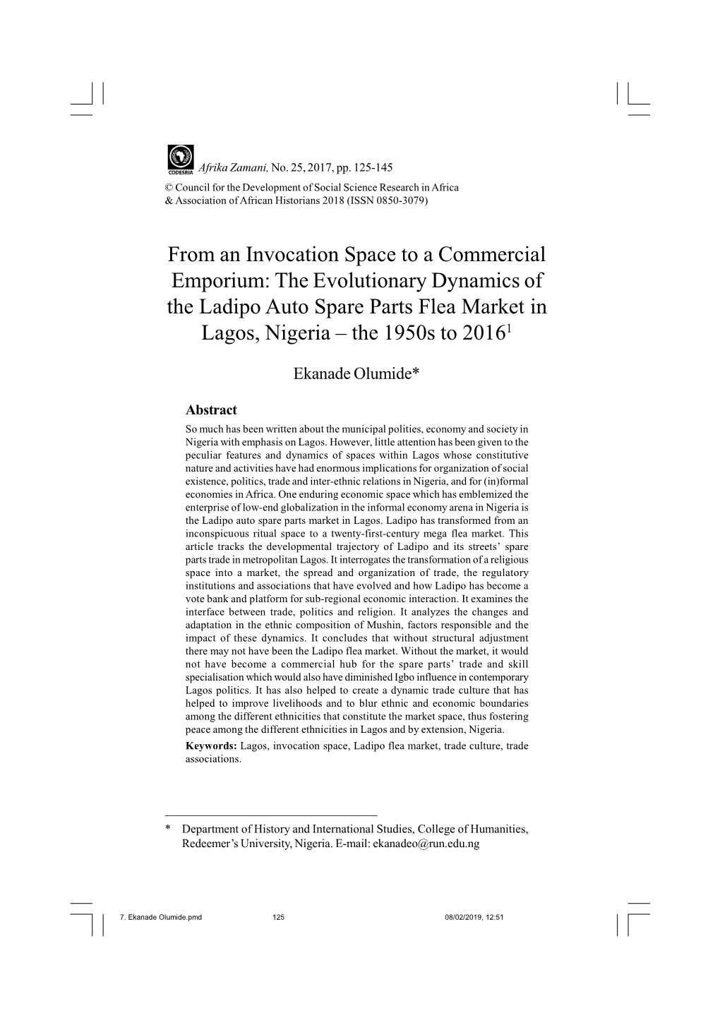 The Evolutionary Dynamics of the Ladipo Auto Spare Parts Flea Market in Lagos, Nigeria – the 1950S to 20161
