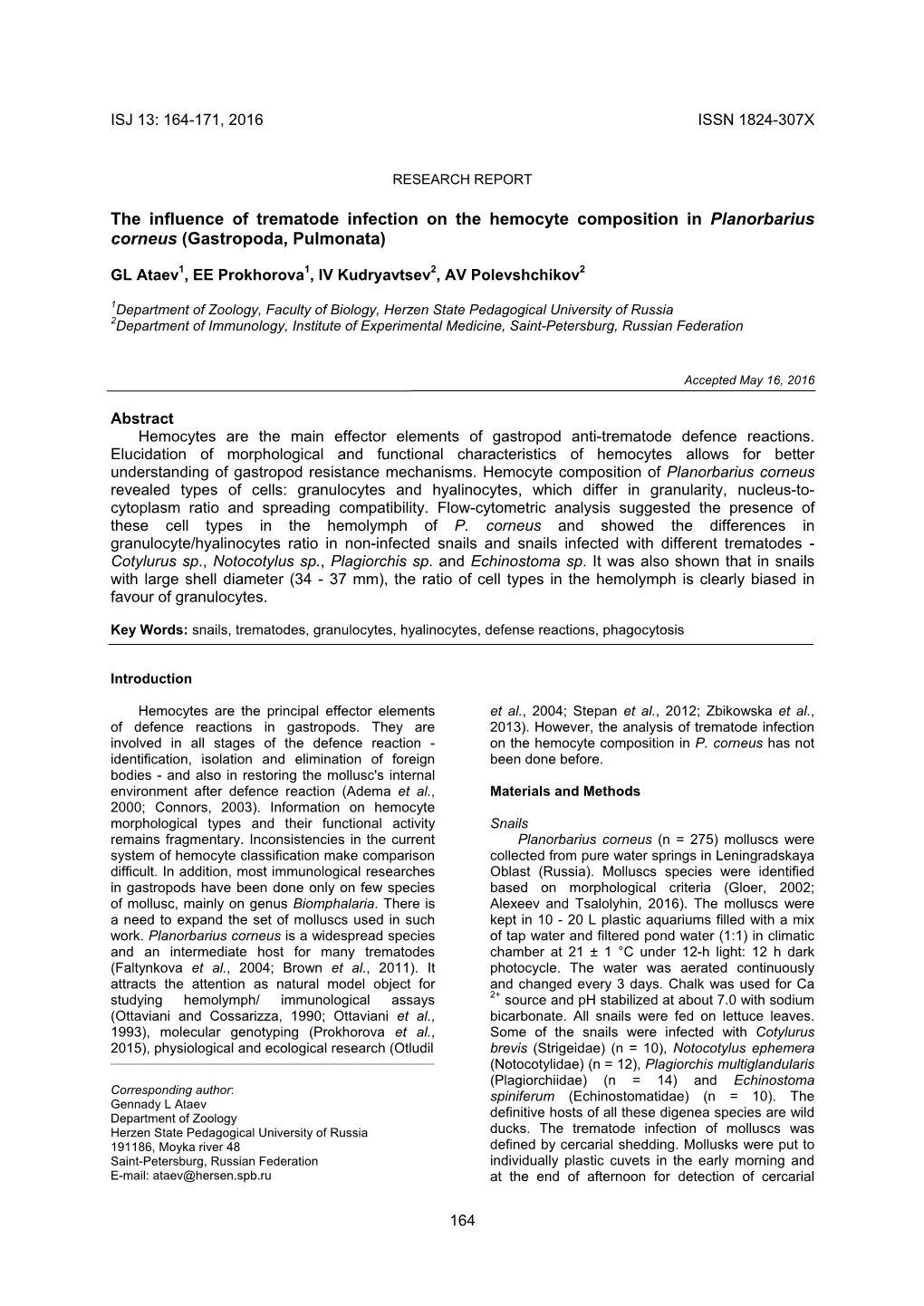 The Influence of Trematode Infection on the Hemocyte Composition in Planorbarius Corneus (Gastropoda, Pulmonata)