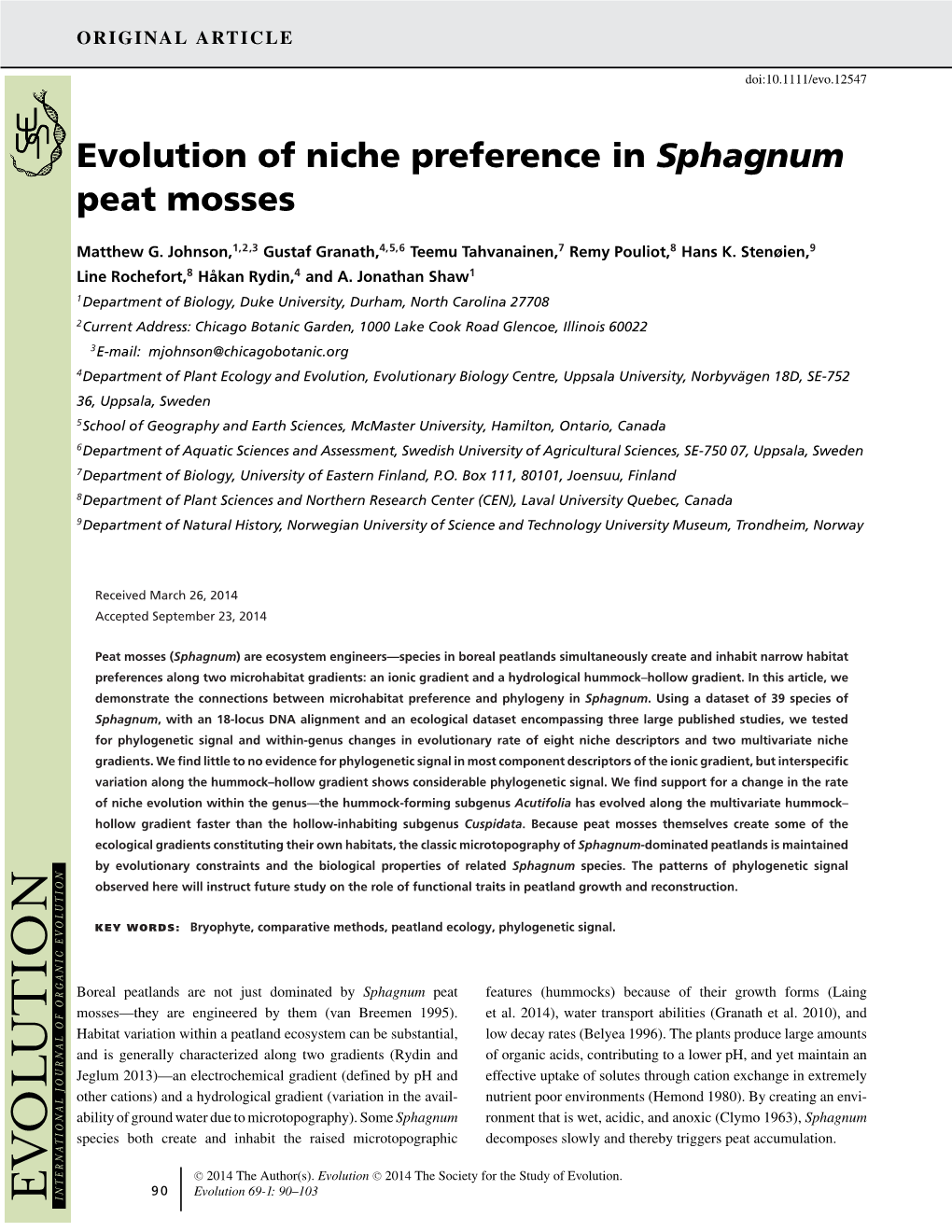 Evolution of Niche Preference in <I>Sphagnum</I> Peat Mosses