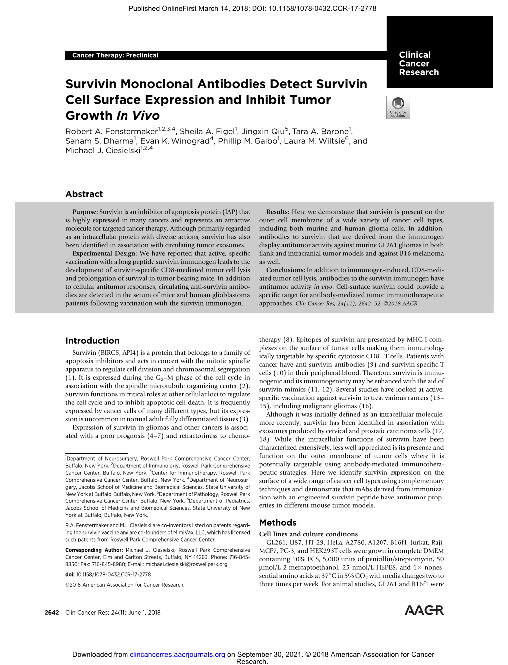 Survivin Monoclonal Antibodies Detect Survivin Cell Surface Expression and Inhibit Tumor Growth in Vivo Robert A