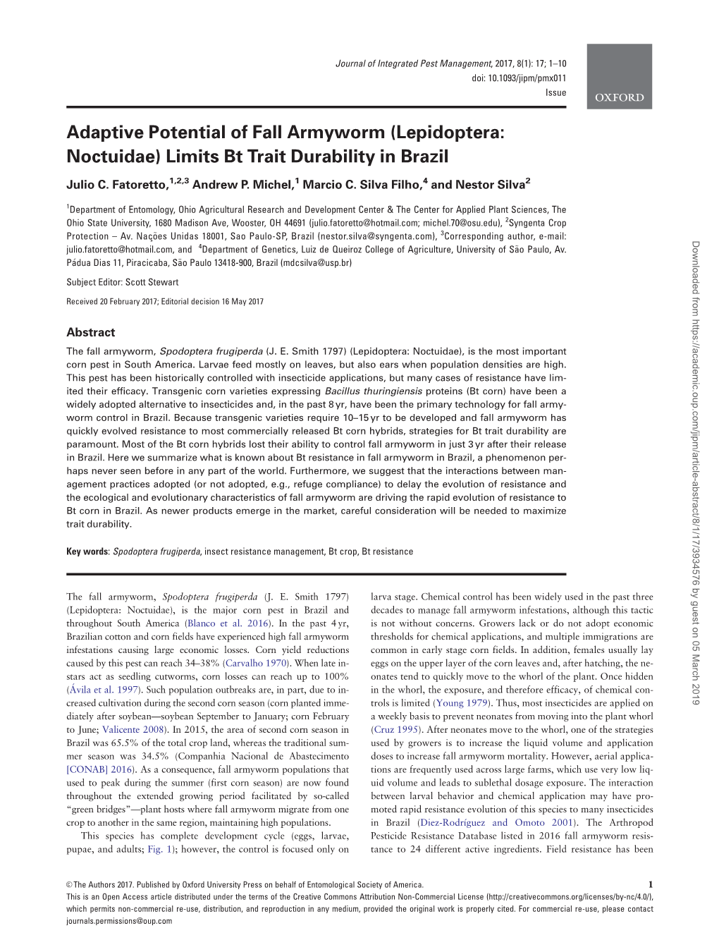 Adaptive Potential of Fall Armyworm (Lepidoptera: Noctuidae) Limits Bt Trait Durability in Brazil