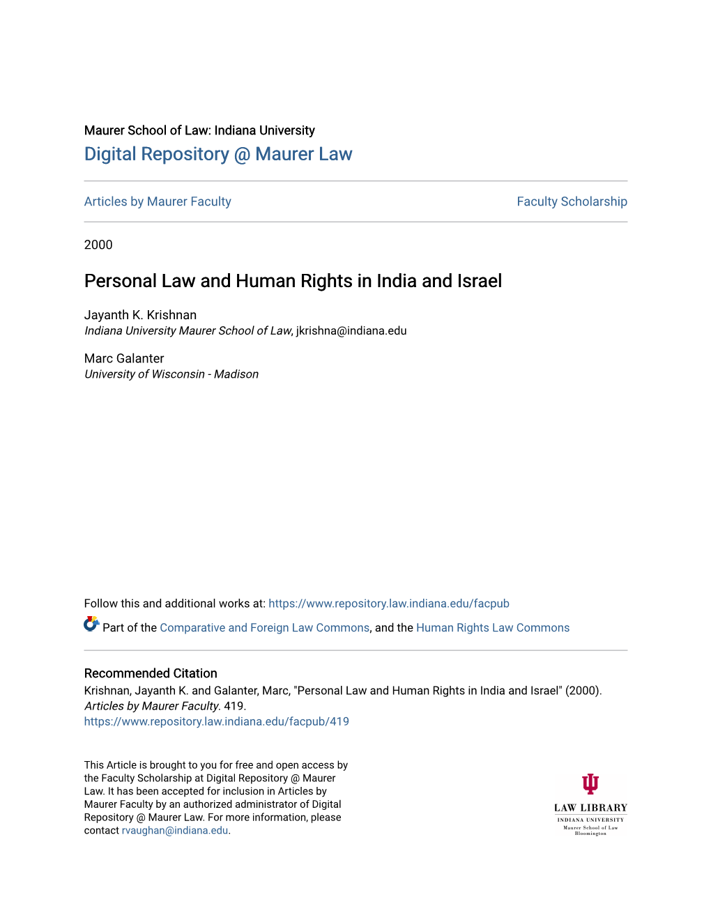 Personal Law and Human Rights in India and Israel