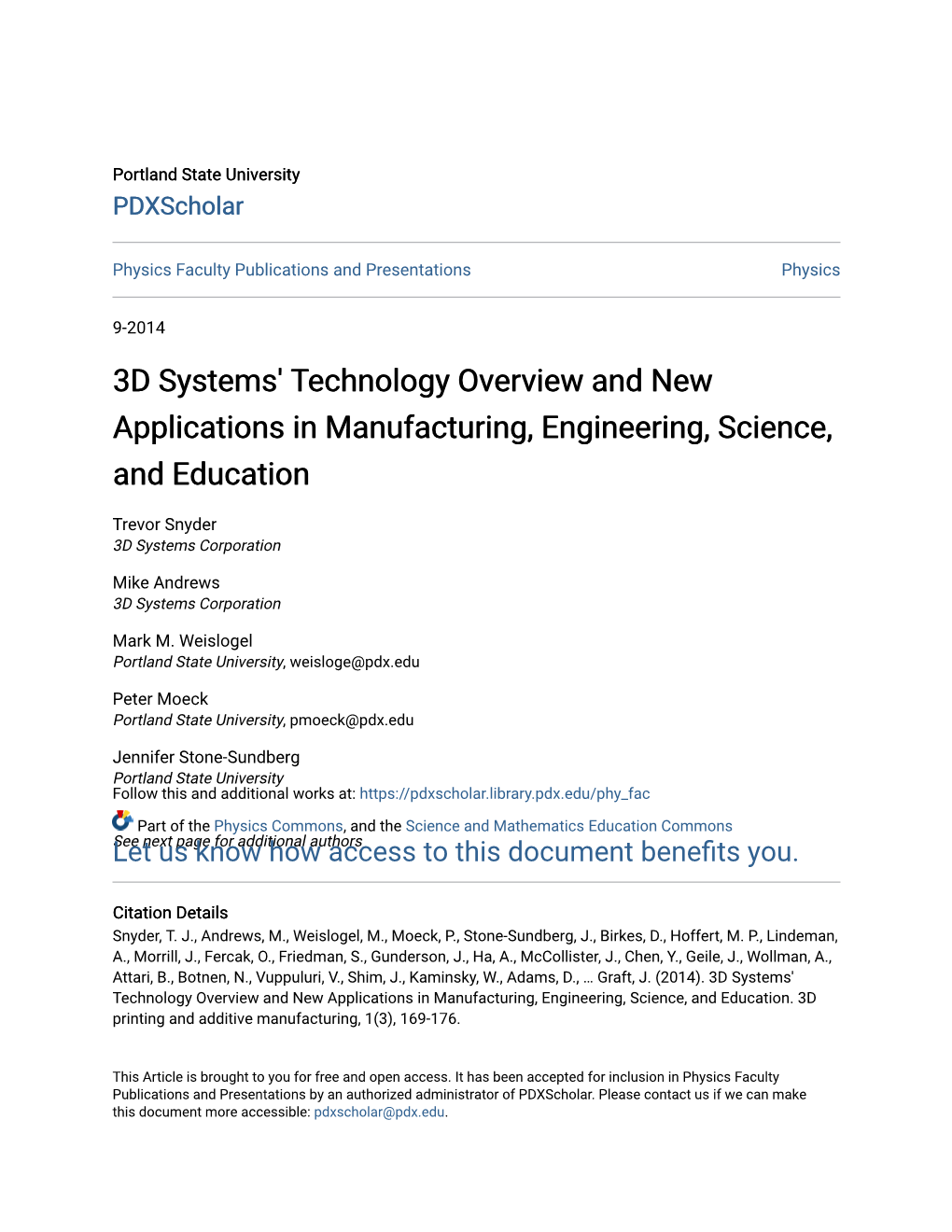 3D Systems' Technology Overview and New Applications in Manufacturing, Engineering, Science, and Education