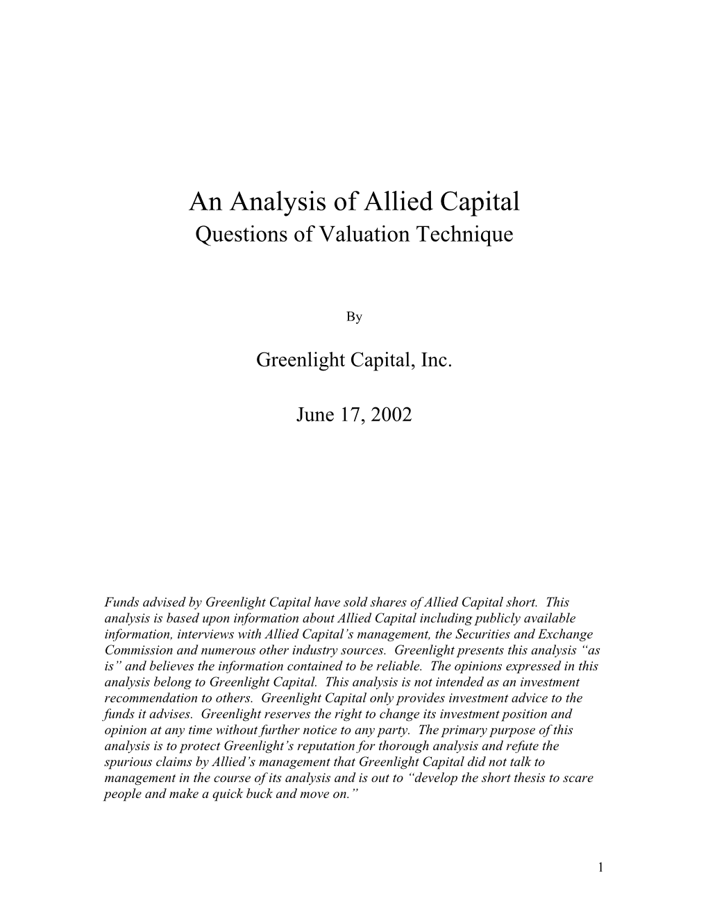 Allied Capital Questions of Valuation Technique