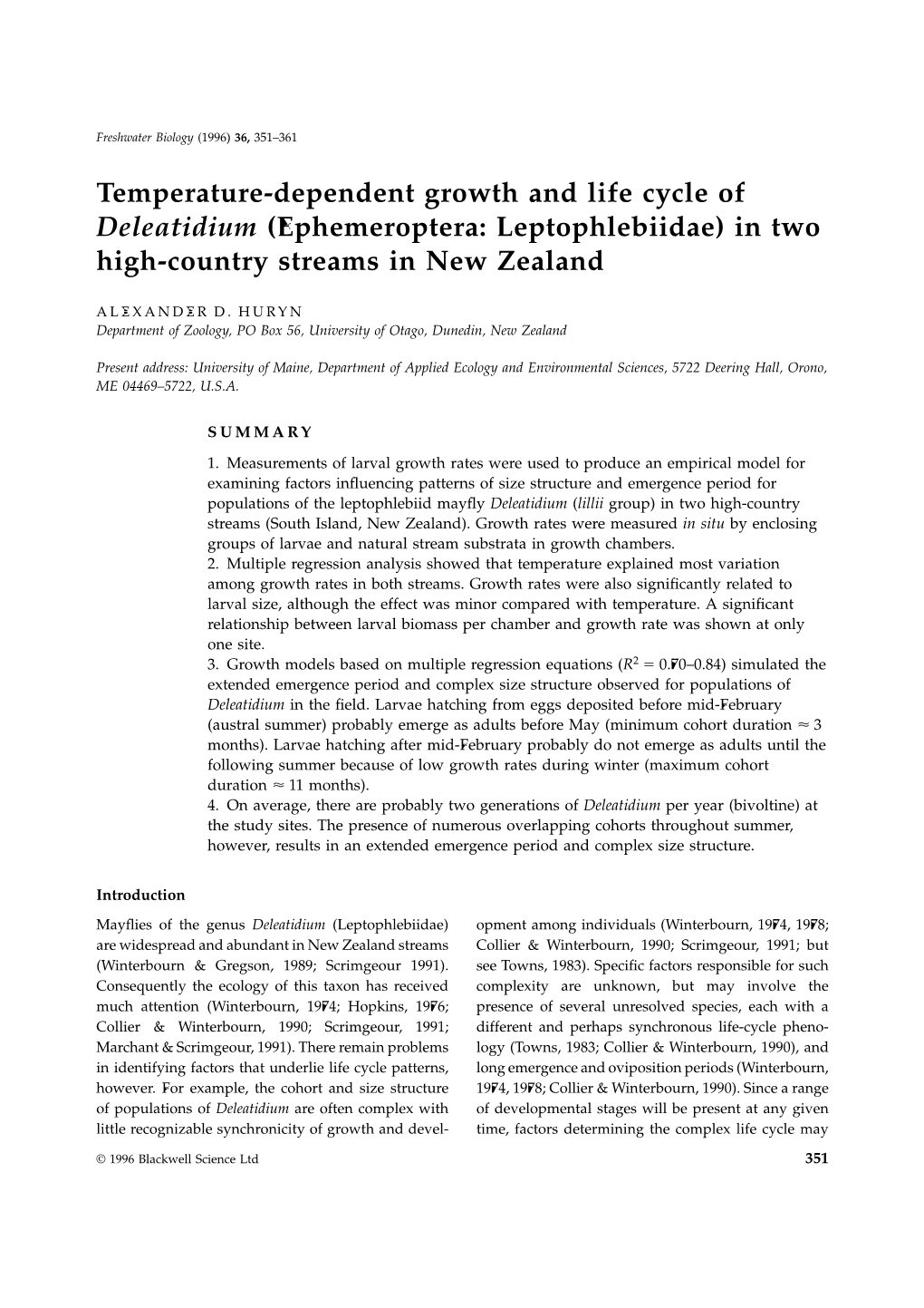 Ephemeroptera: Leptophlebiidae) in Two High-Country Streams in New Zealand