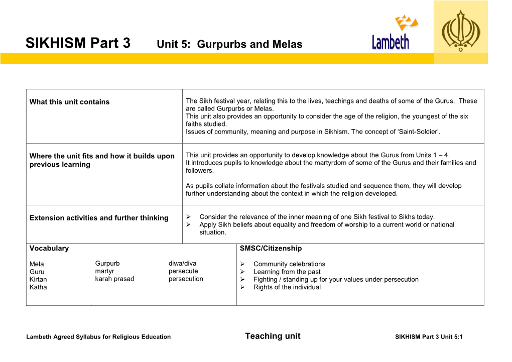 SIKHISM Part 3 Unit 5: Gurpurbs and Melas