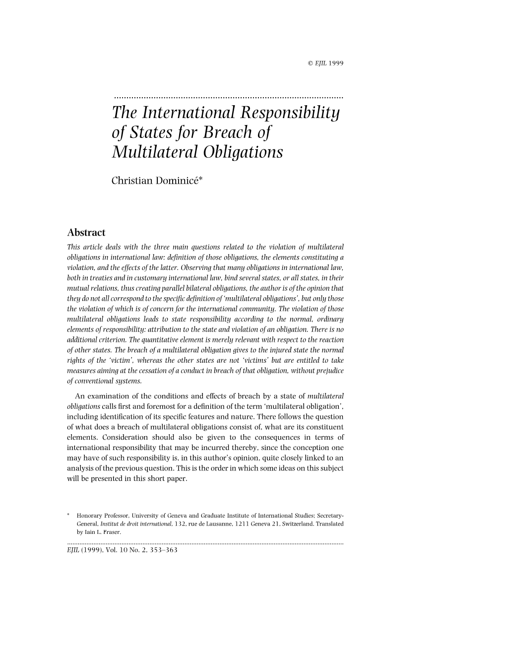 The International Responsibility of States for Breach of Multilateral Obligations