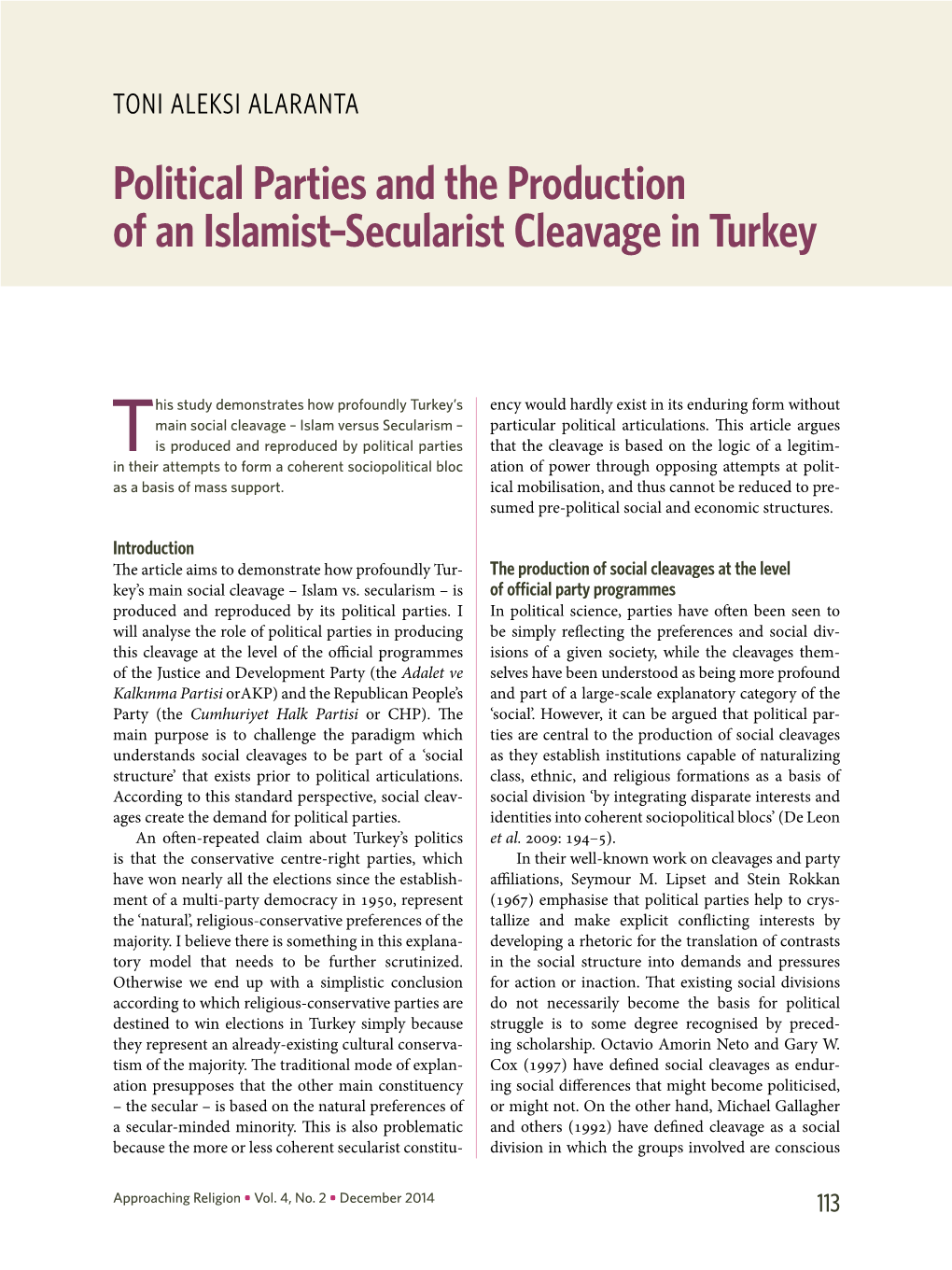 Political Parties and the Production of an Islamist–Secularist Cleavage in Turkey