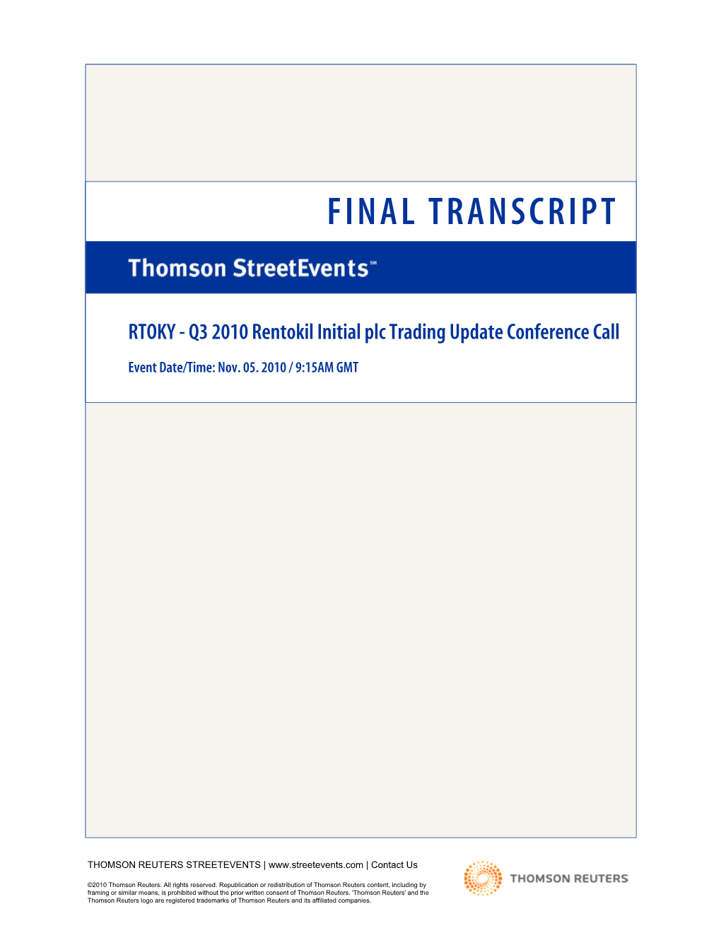 Q3 2010 Rentokil Initial Plc Trading Update Conference Call on Nov. 05