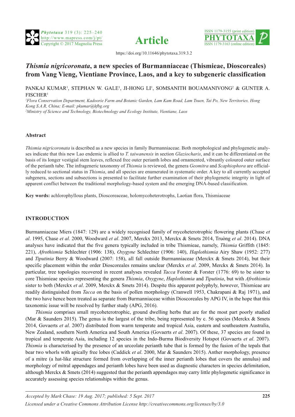 Thismia Nigricoronata, a New Species of Burmanniaceae (Thismieae, Dioscoreales) from Vang Vieng, Vientiane Province, Laos, and a Key to Subgeneric Classification