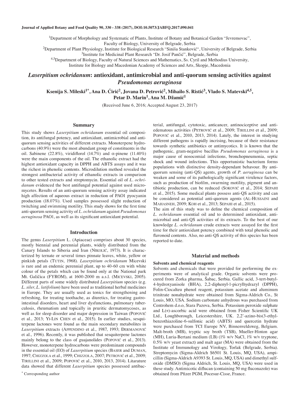 Laserpitium Ochridanum : Antioxidant, Antimicrobial and Anti-Quorum