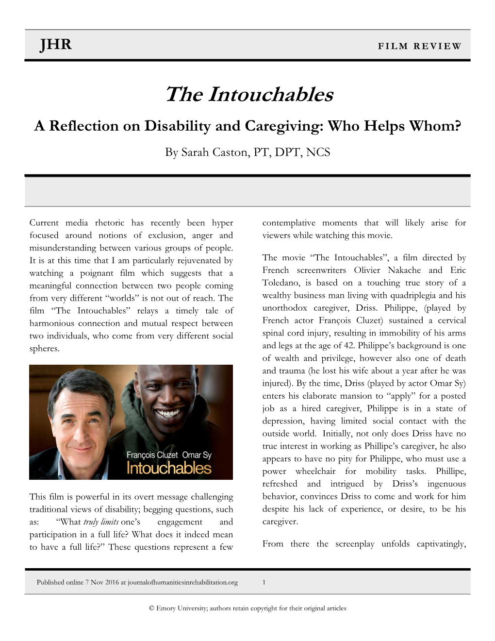 The Intouchables a Reflection on Disability and Caregiving: Who Helps Whom? by Sarah Caston, PT, DPT, NCS