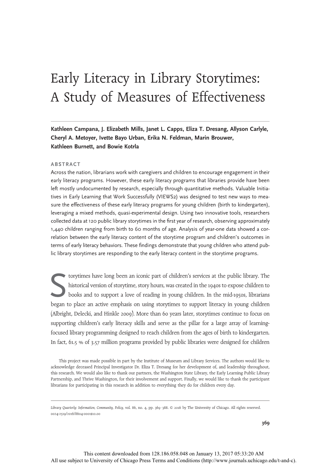Early Literacy in Library Storytimes: a Study of Measures of Effectiveness
