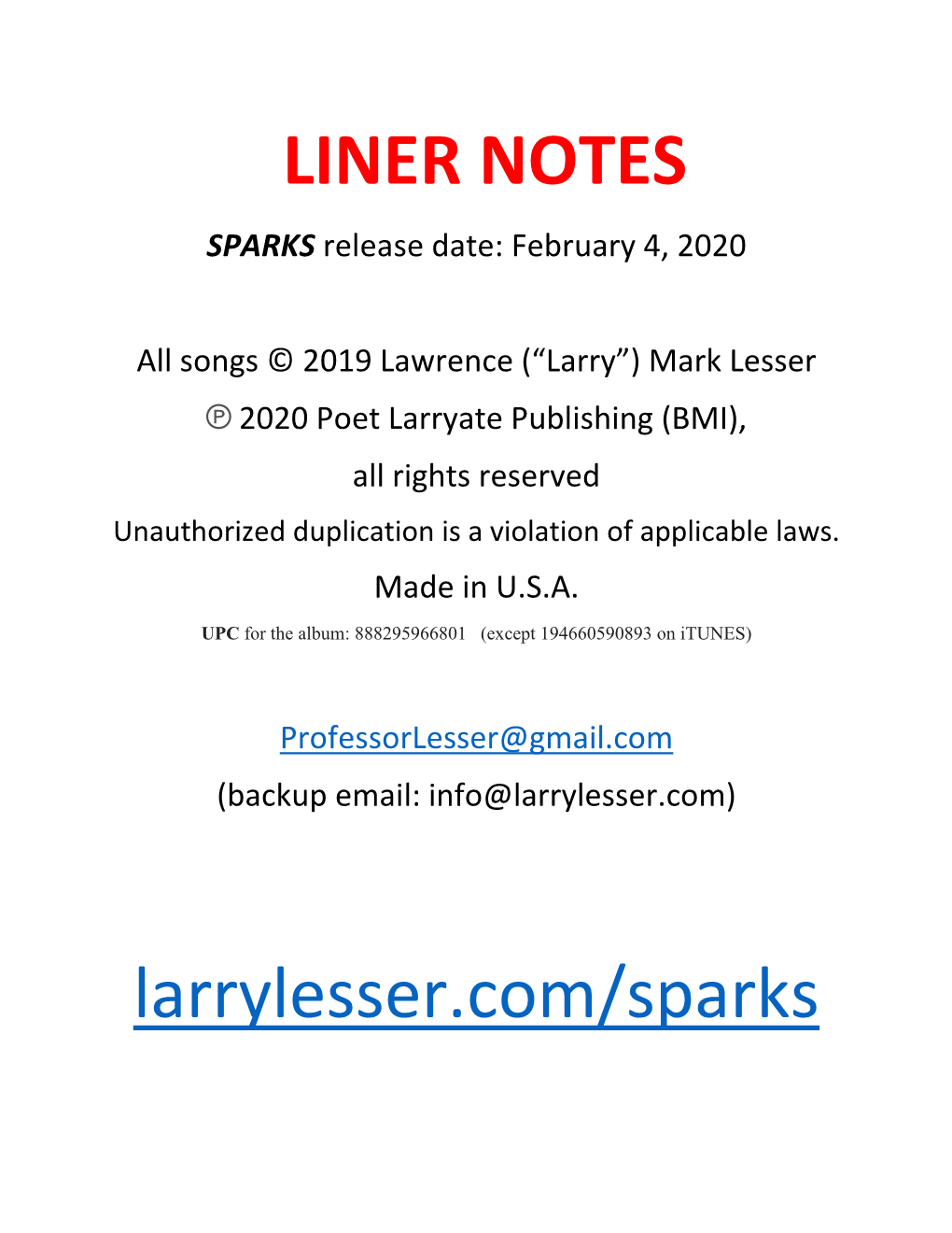 LINER NOTES SPARKS Release Date: February 4, 2020