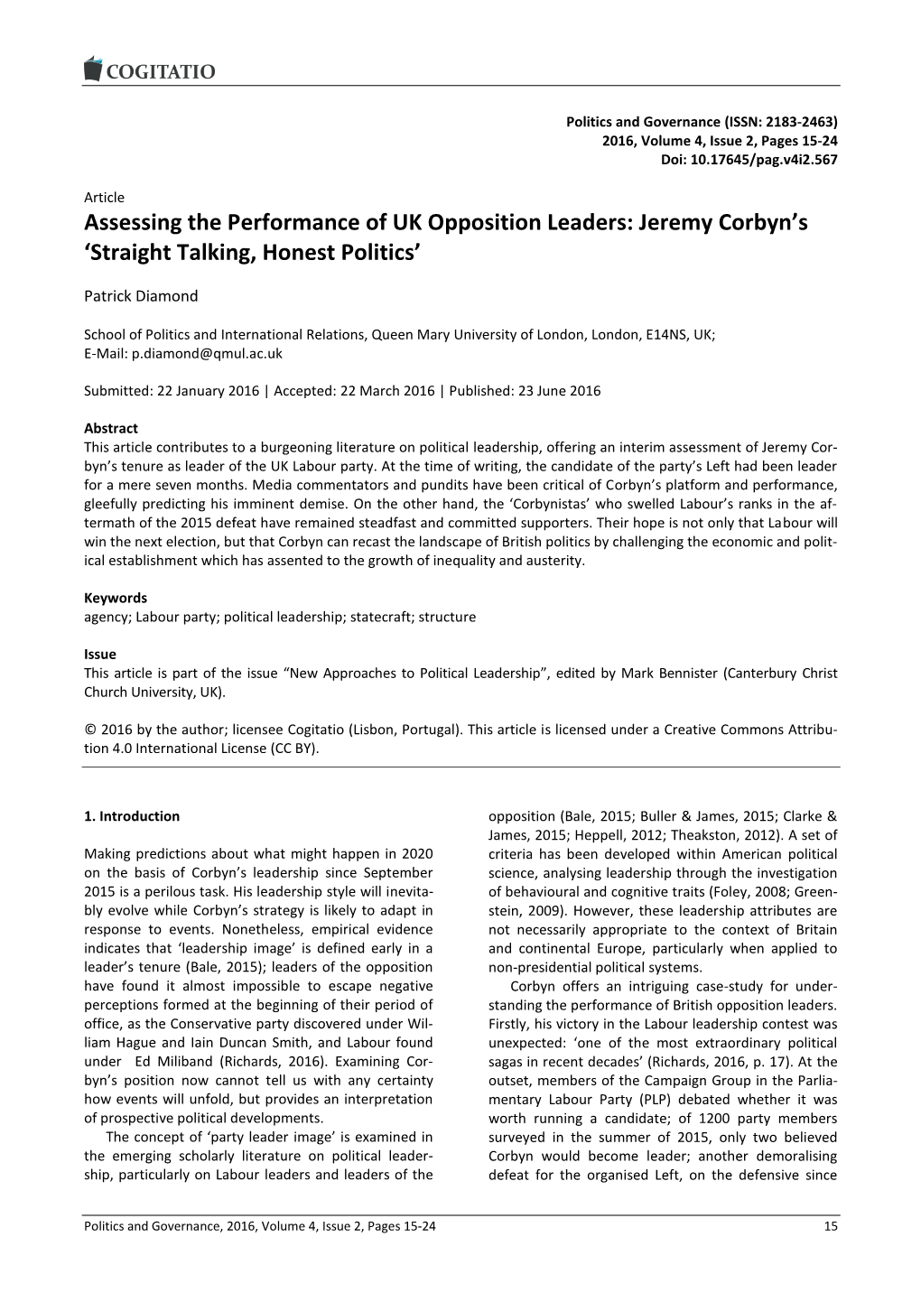 Assessing the Performance of UK Opposition Leaders: Jeremy Corbyn’S ‘Straight Talking, Honest Politics’