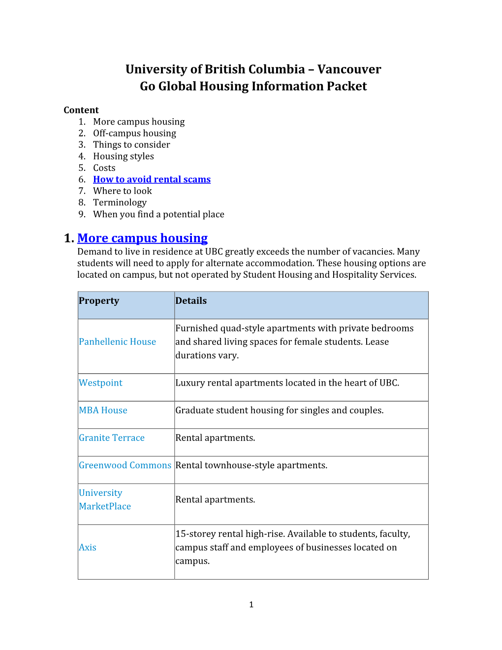 Vancouver Go Global Housing Information Packet 1. More Campus