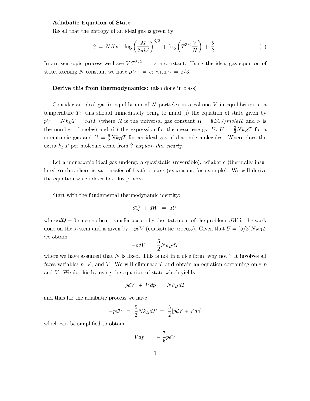 Adiabatic Equation of State Recall That the Entropy of an Ideal Gas Is Given by 