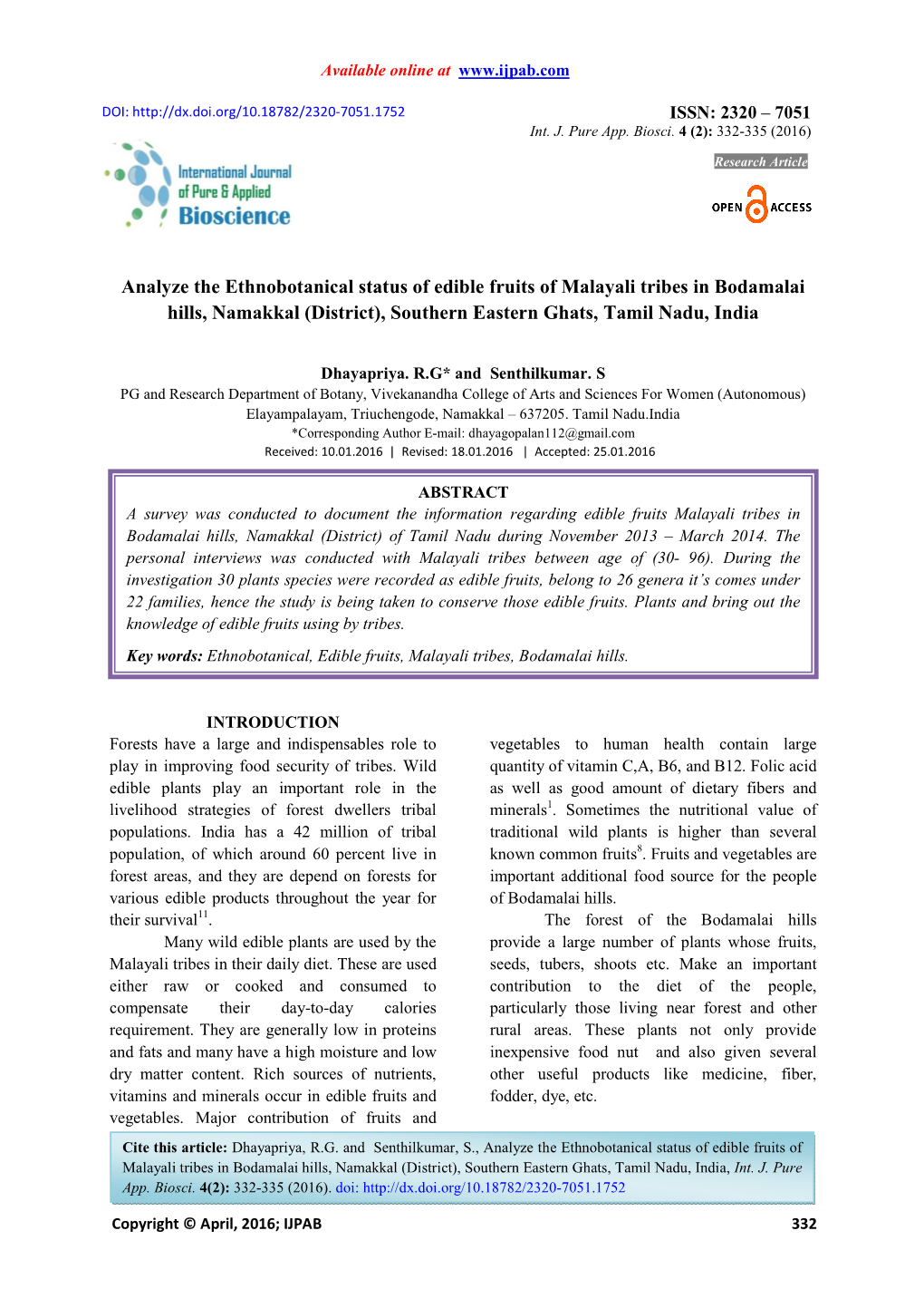 Analyze the Ethnobotanical Status of Edible Fruits of Malayali Tribes in Bodamalai Hills, Namakkal (District), Southern Eastern Ghats, Tamil Nadu, India