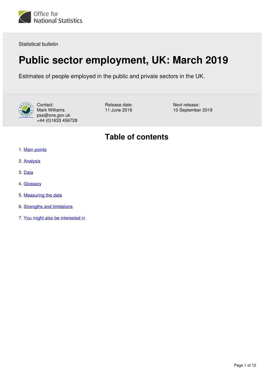 Public Sector Employment, UK: March 2019