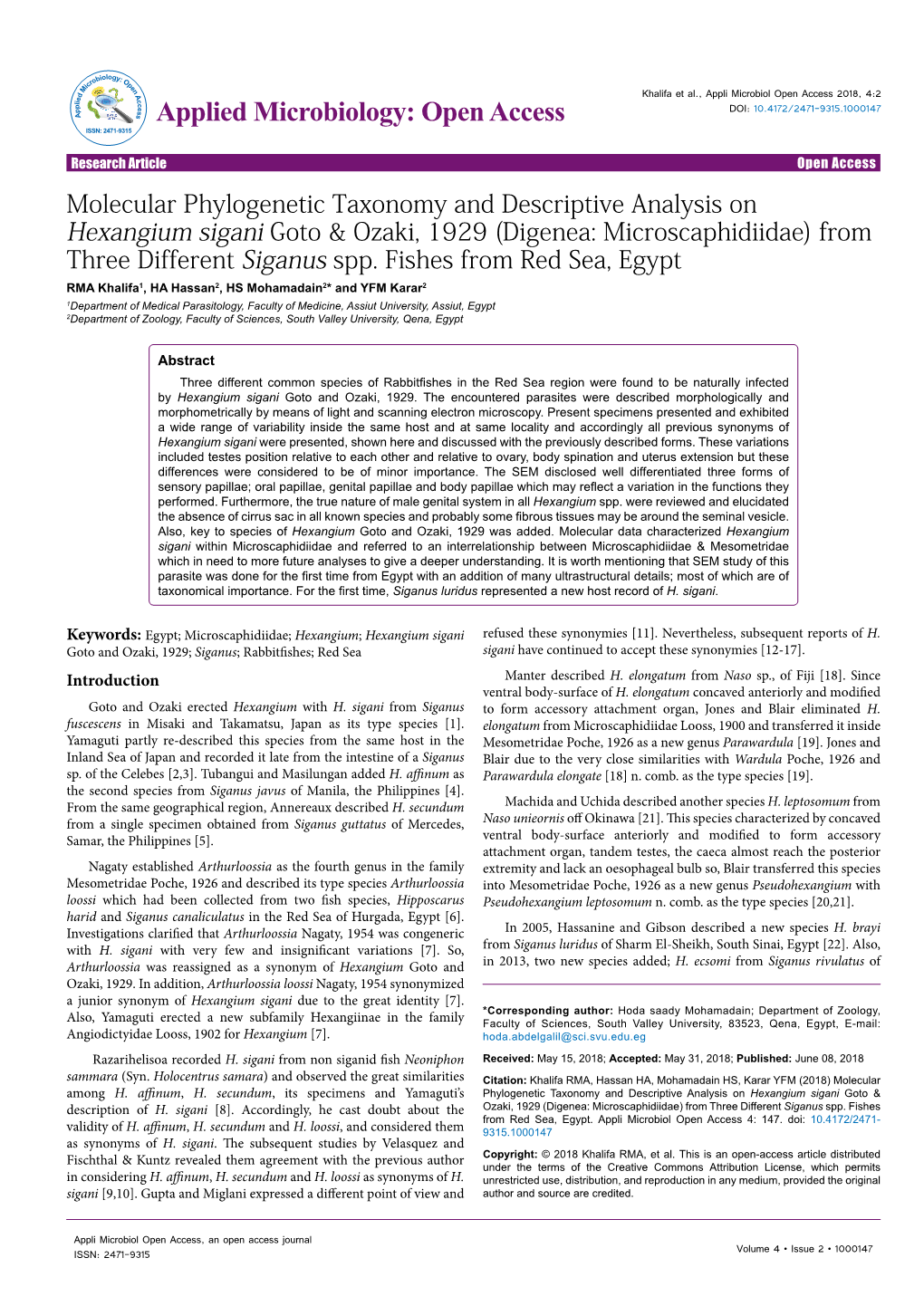 Molecular Phylogenetic Taxonomy and Descriptive Analysis on Hexangium Sigani Goto & Ozaki, 1929 (Digenea: Microscaphidiidae) from Three Different Siganus Spp