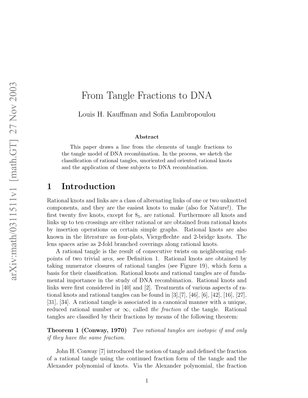 Arxiv:Math/0311511V1 [Math.GT] 27 Nov 2003