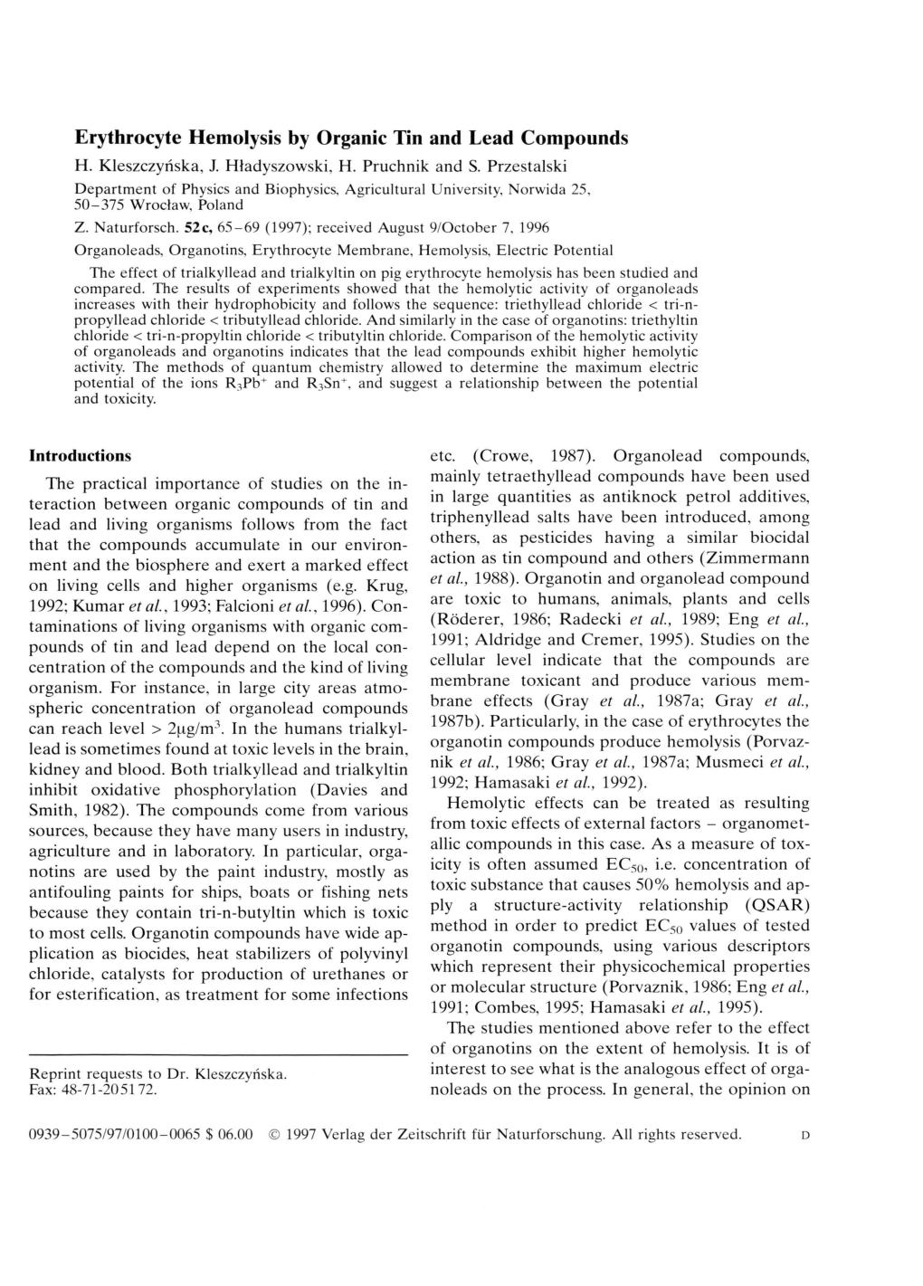 Erythrocyte Hemolysis by Organic Tin and Lead Compounds H