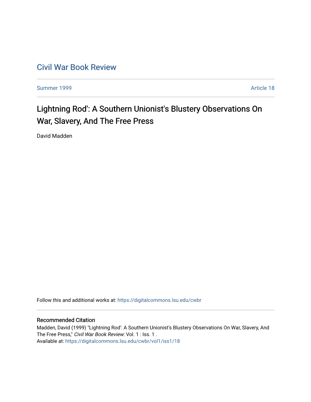 Lightning Rod': a Southern Unionist's Blustery Observations on War, Slavery, and the Free Press