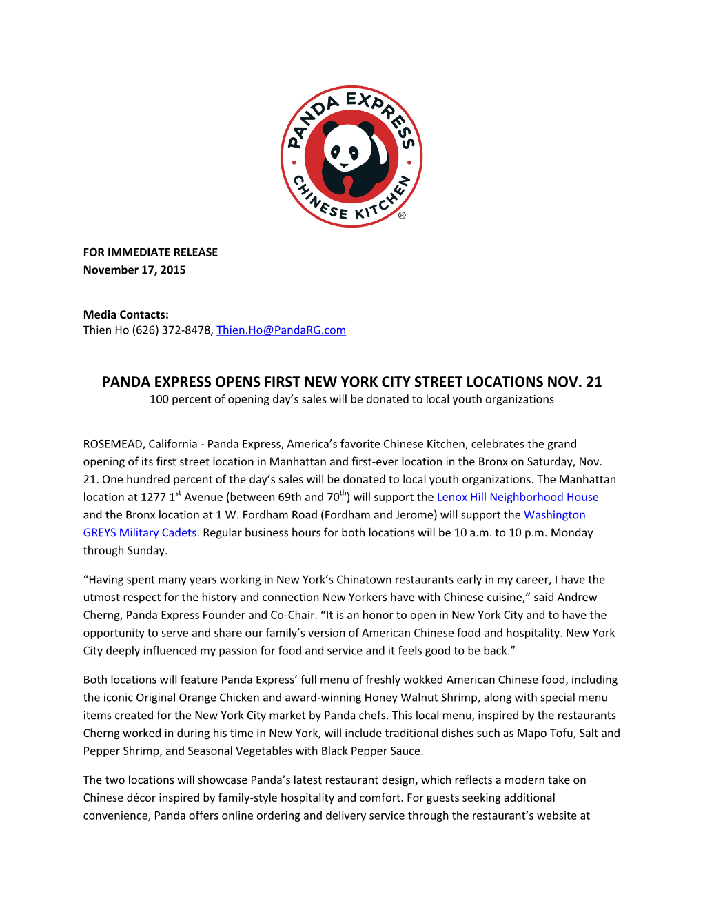 Panda Express Opens First New York City Street Locations Nov