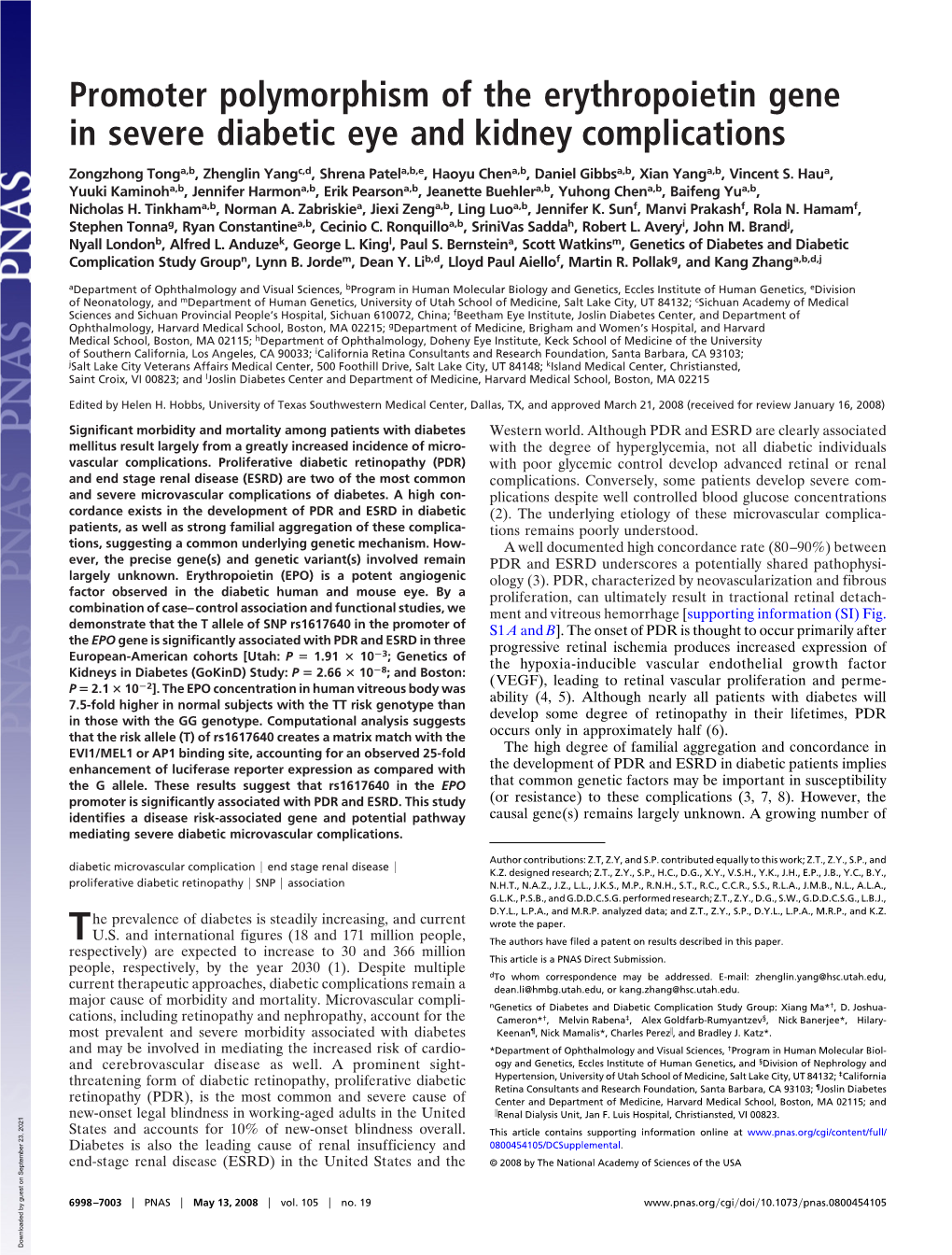 Promoter Polymorphism of the Erythropoietin Gene in Severe Diabetic Eye and Kidney Complications