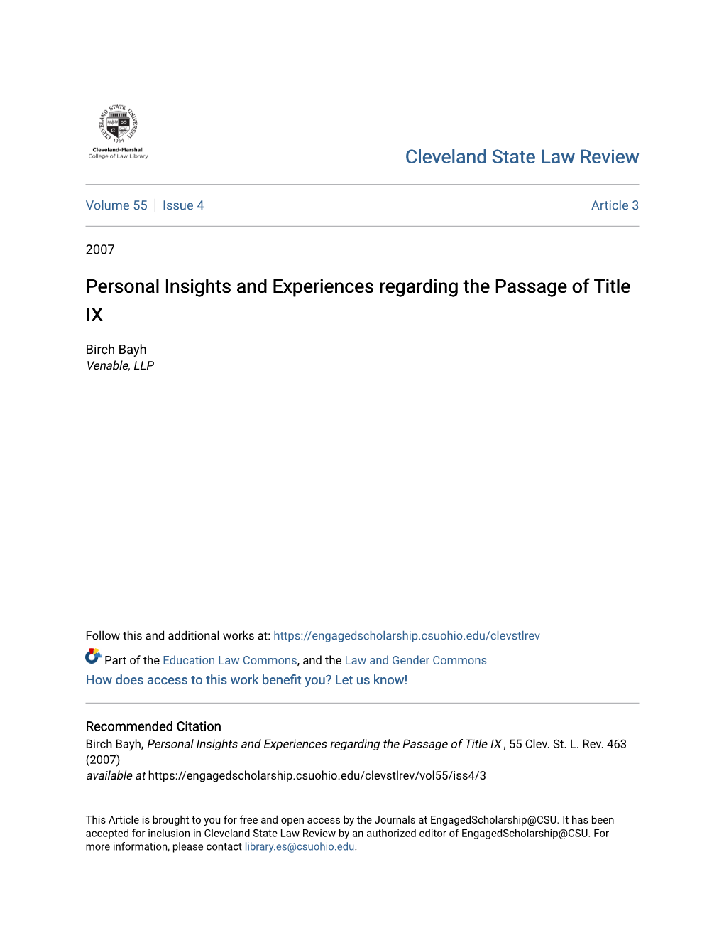 Personal Insights and Experiences Regarding the Passage of Title IX