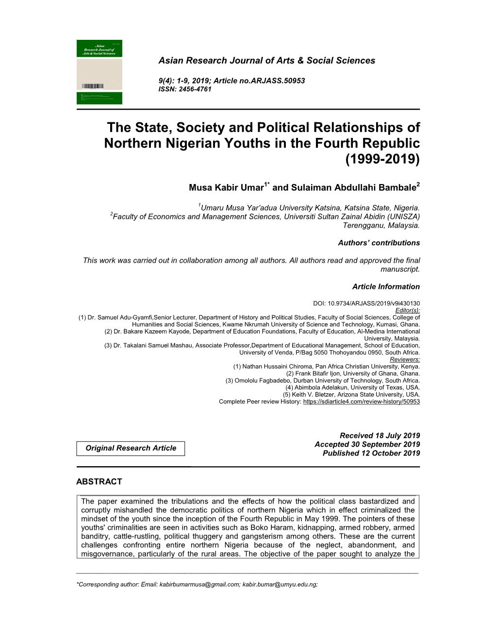 The State, Society and Political Relationships of Northern Nigerian Youths in the Fourth Republic (1999-2019)