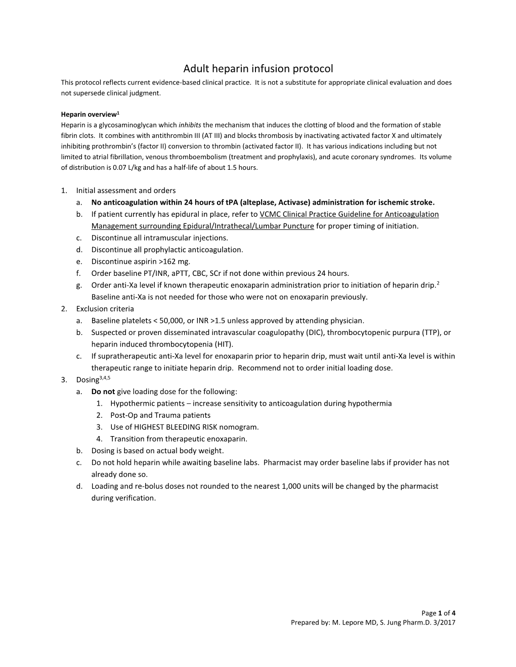 Adult Heparin Infusion Protocol This Protocol Reflects Current Evidence-Based Clinical Practice