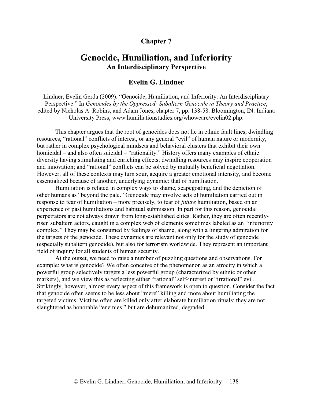 Genocide, Humiliation, and Inferiority an Interdisciplinary Perspective