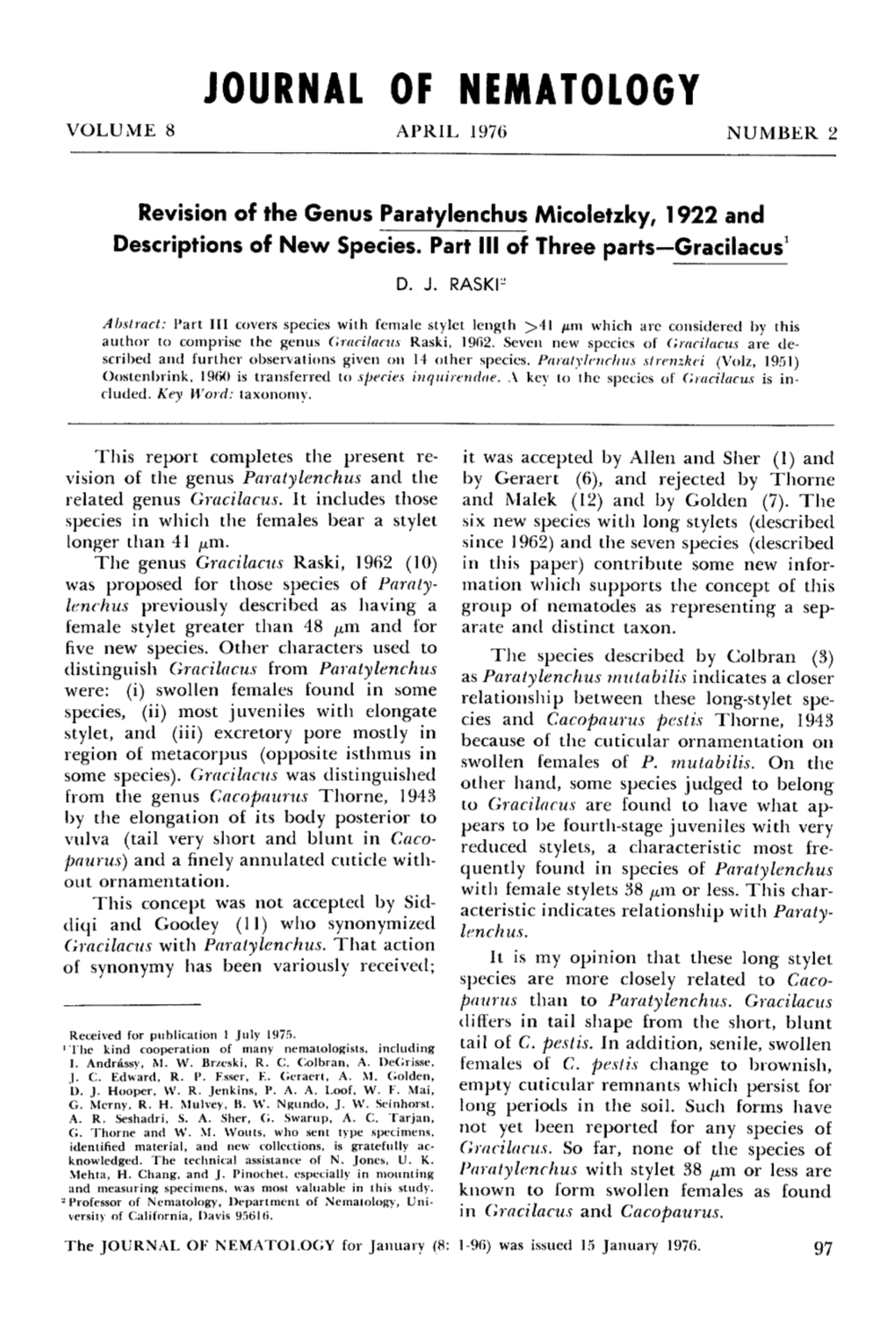 Revision of the Genus Paratylenchus Micoletzky, 1922 and Descriptions of New Species