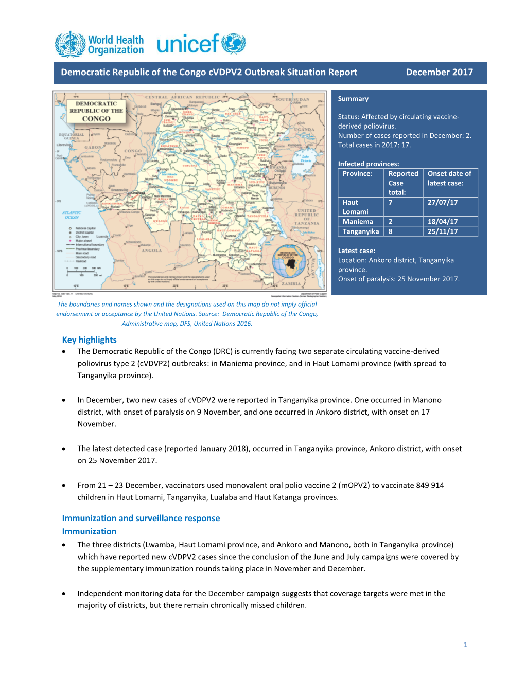 Democratic Republic of the Congo Cvdpv2 Outbreak Situation Report