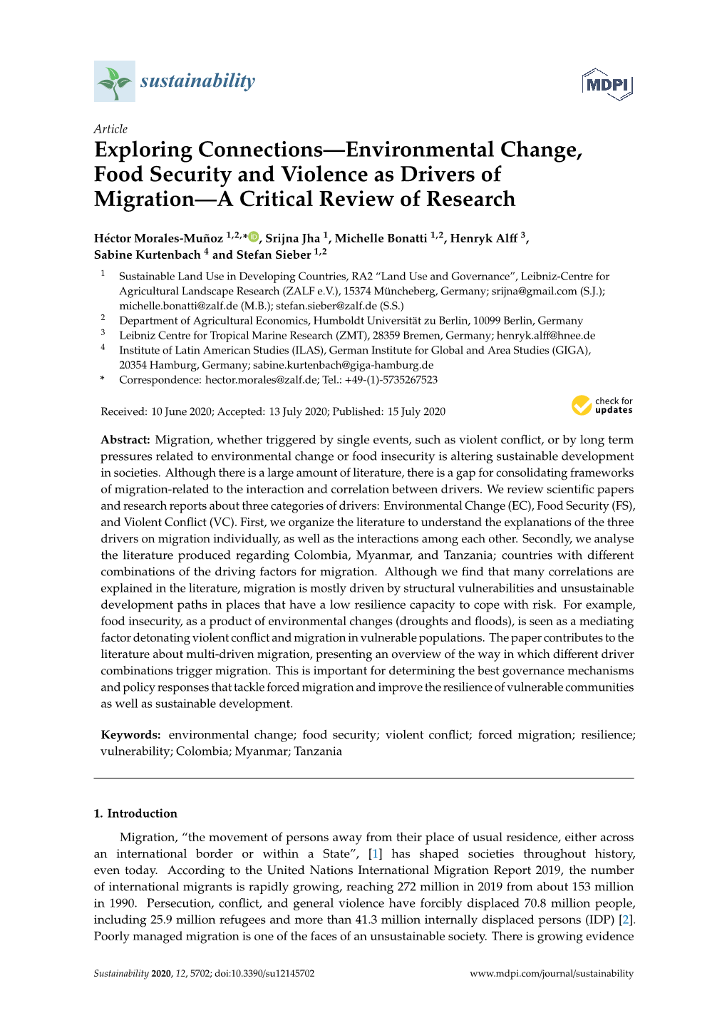 Exploring Connections—Environmental Change, Food Security and Violence As Drivers of Migration—A Critical Review of Research