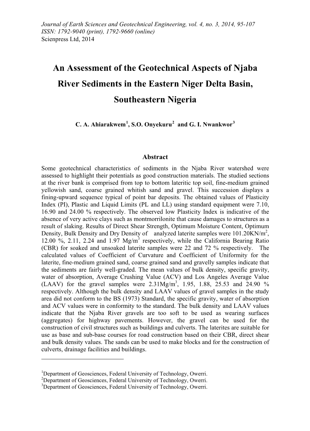 An Assessment of the Geotechnical Aspects of Njaba River Sediments in the Eastern Niger Delta Basin, Southeastern Nigeria