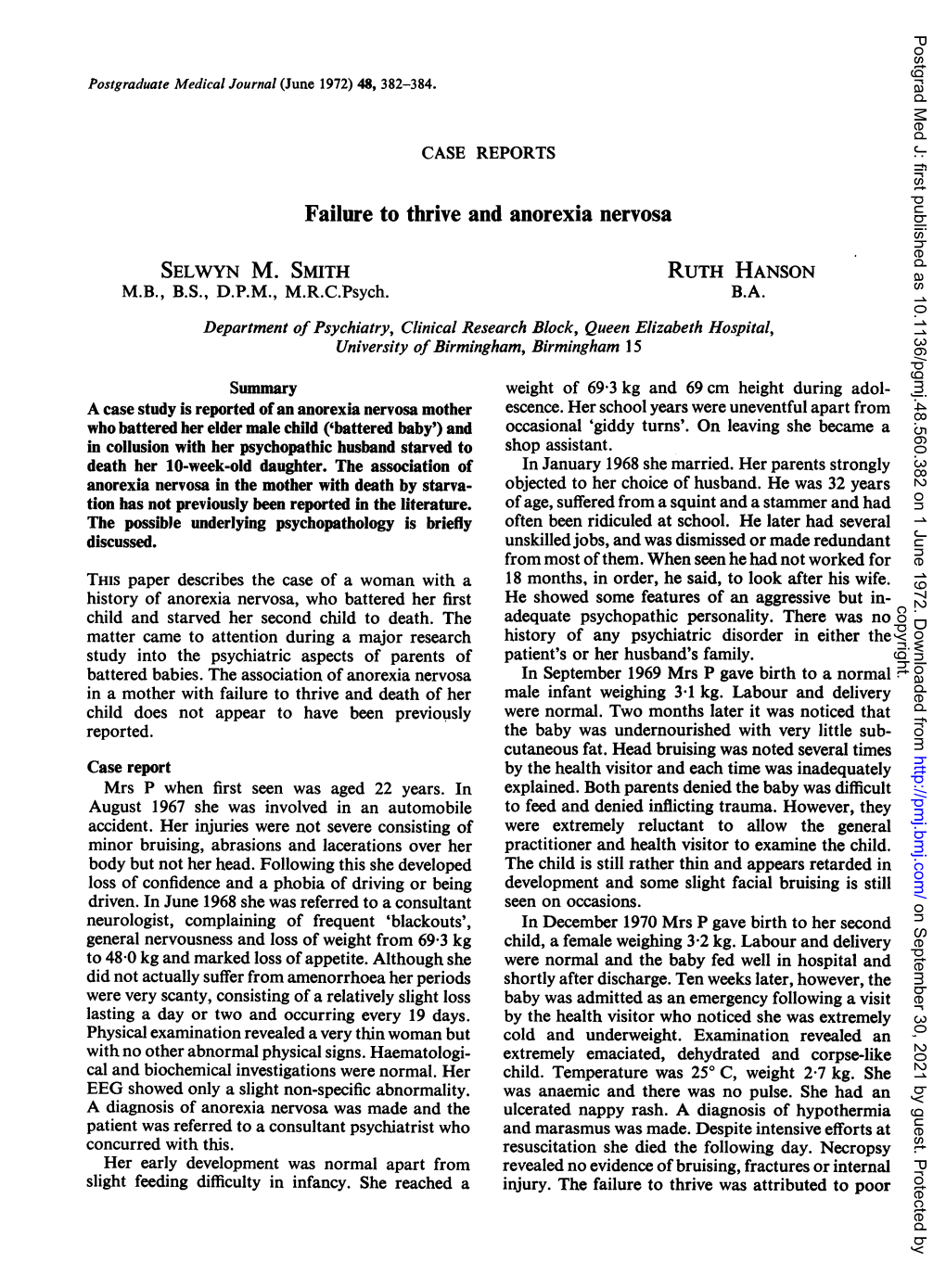 Failure to Thrive and Anorexia Nervosa SELWYN M. SMITH RUTH HANSON