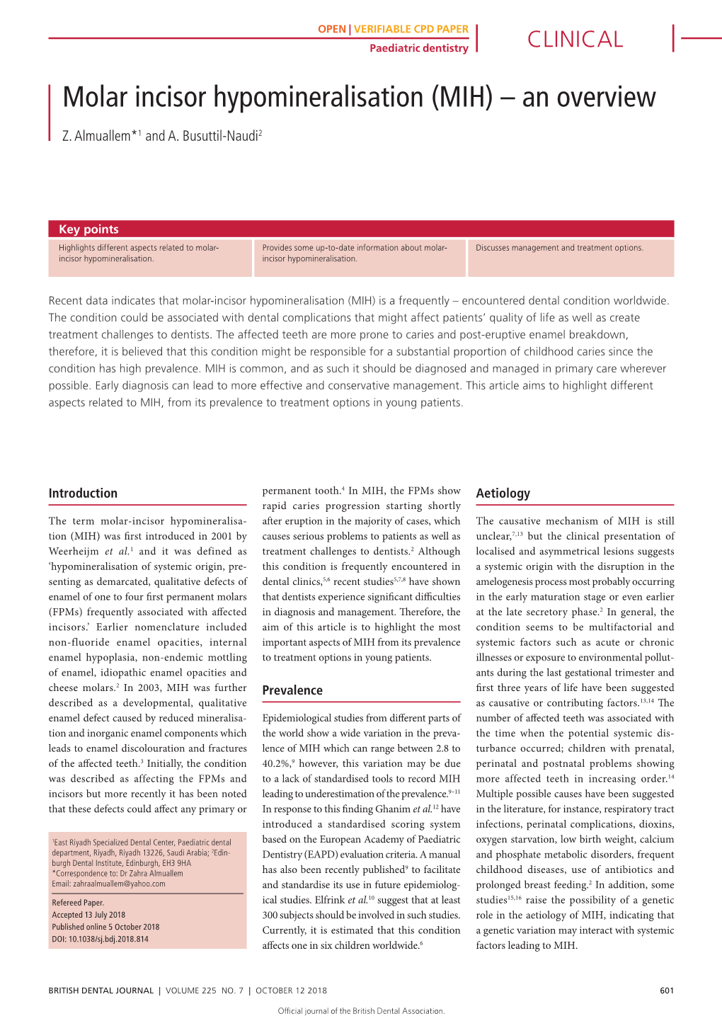 Molar Incisor Hypomineralisation (MIH) – an Overview