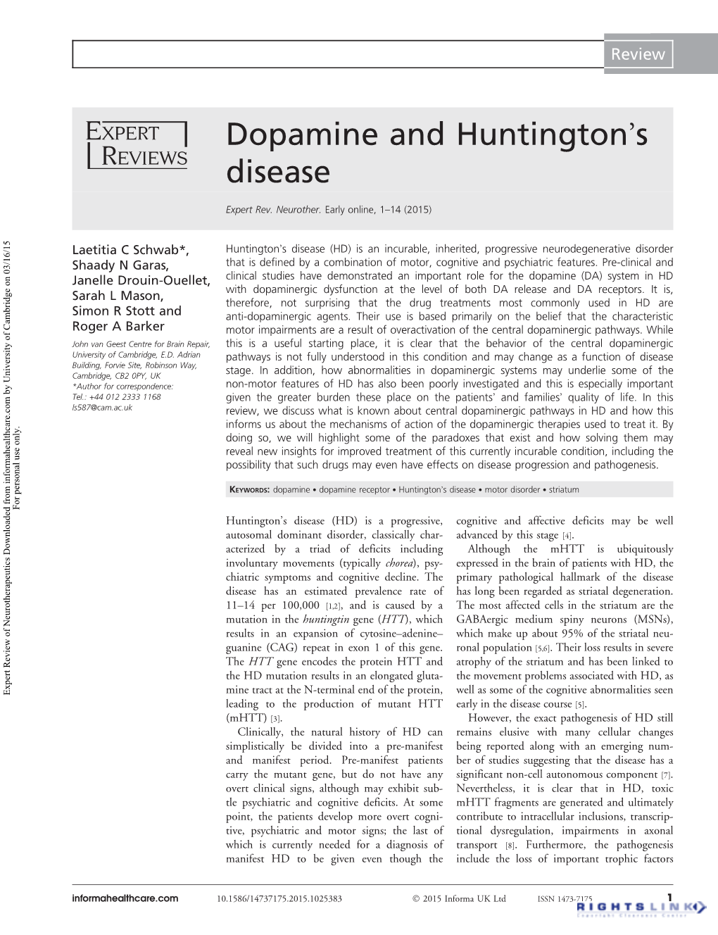 Dopamine and Huntington's Disease