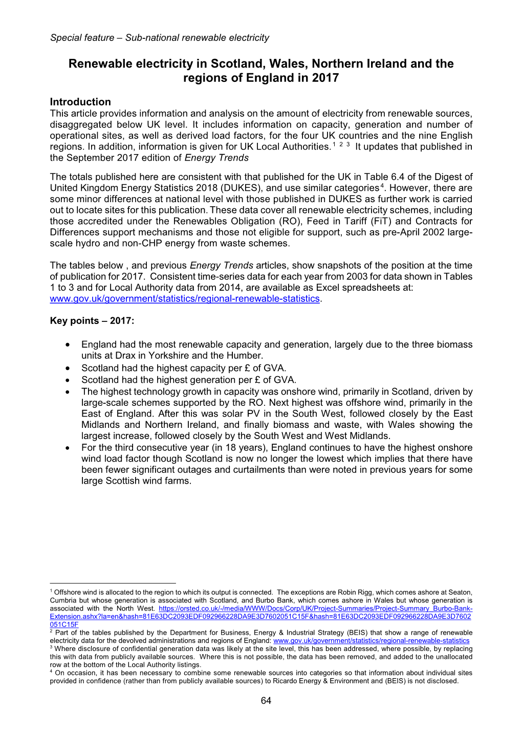 Renewable Electricity in Scotland, Wales, Northern Ireland and the Regions of England in 2017