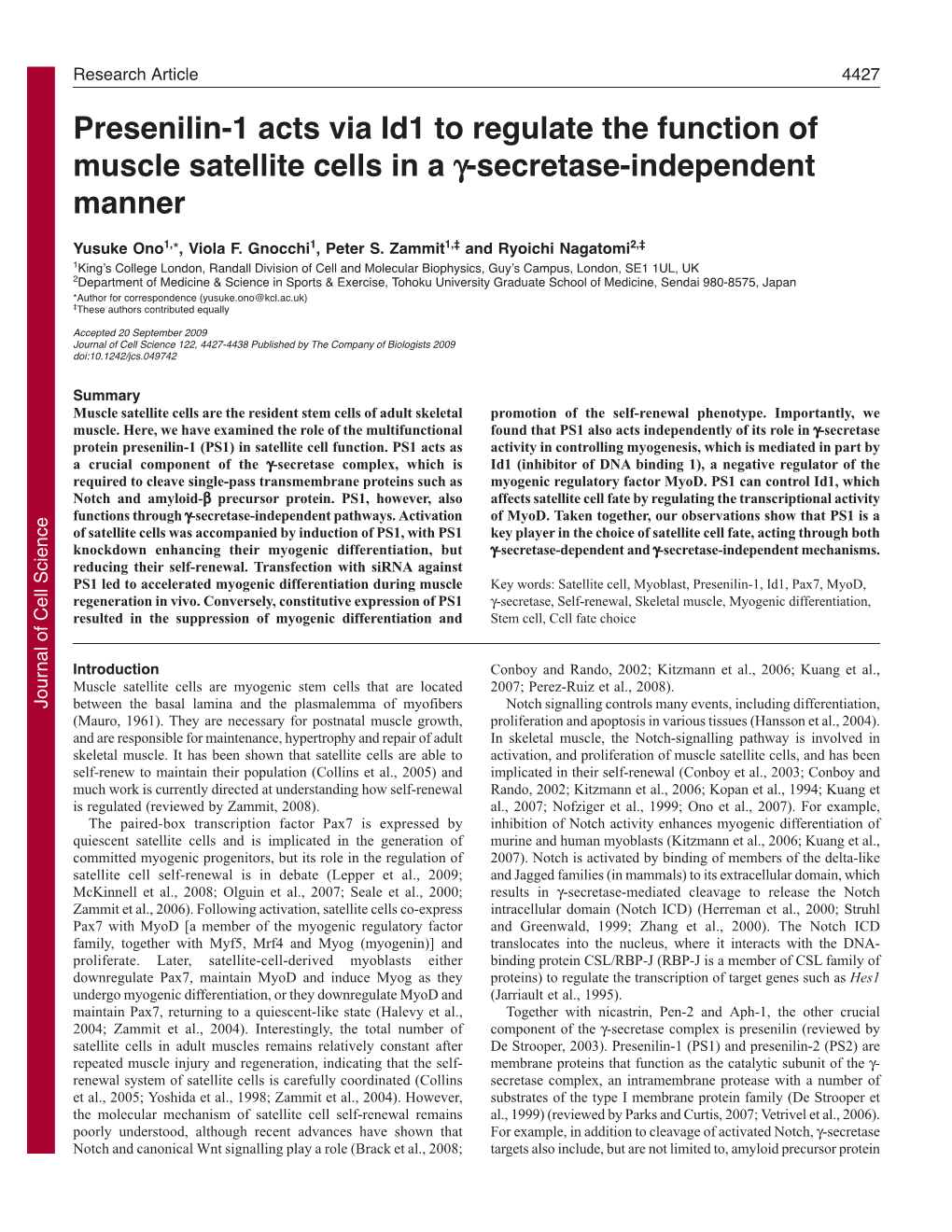 Presenilin-1 Acts Via Id1 to Regulate the Function of Muscle Satellite Cells in a -Secretase-Independent Manner