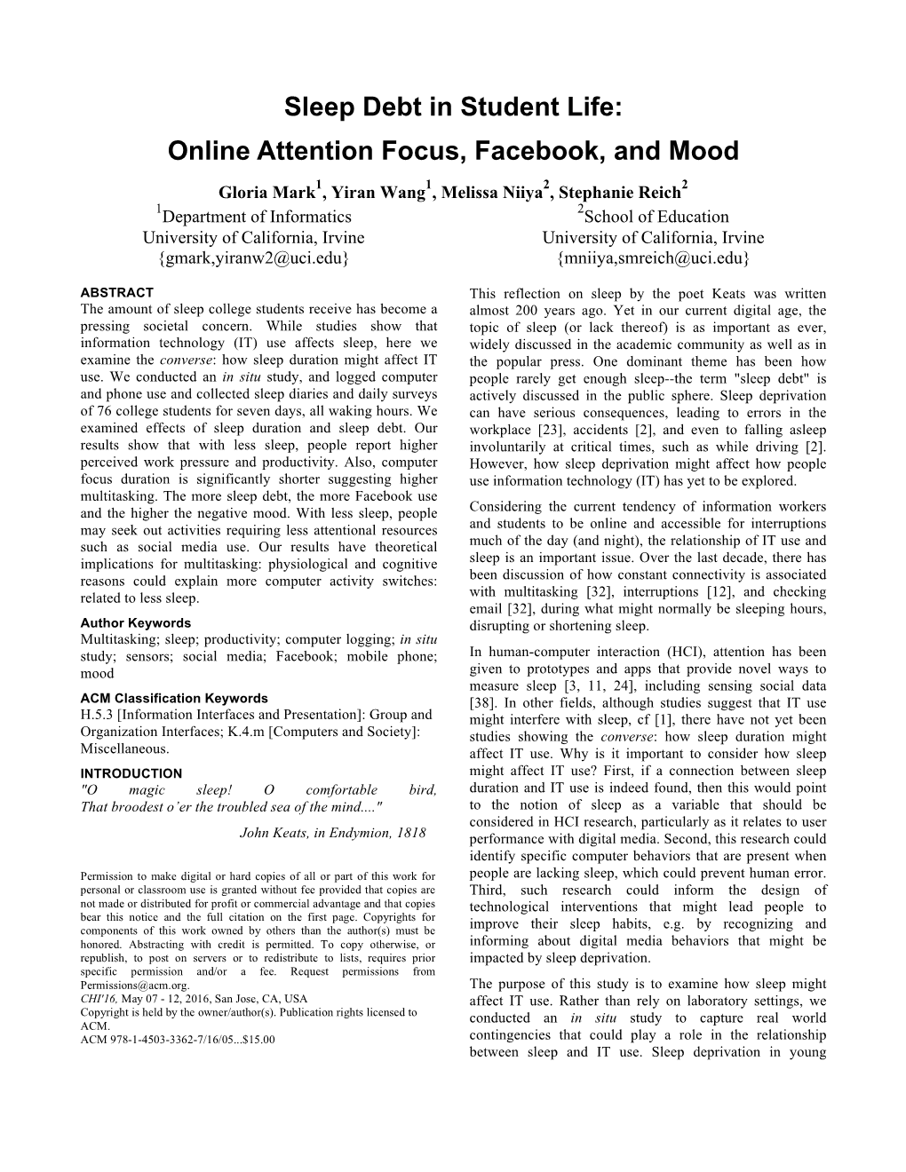 Sleep Debt in Student Life: Online Attention Focus, Facebook, and Mood