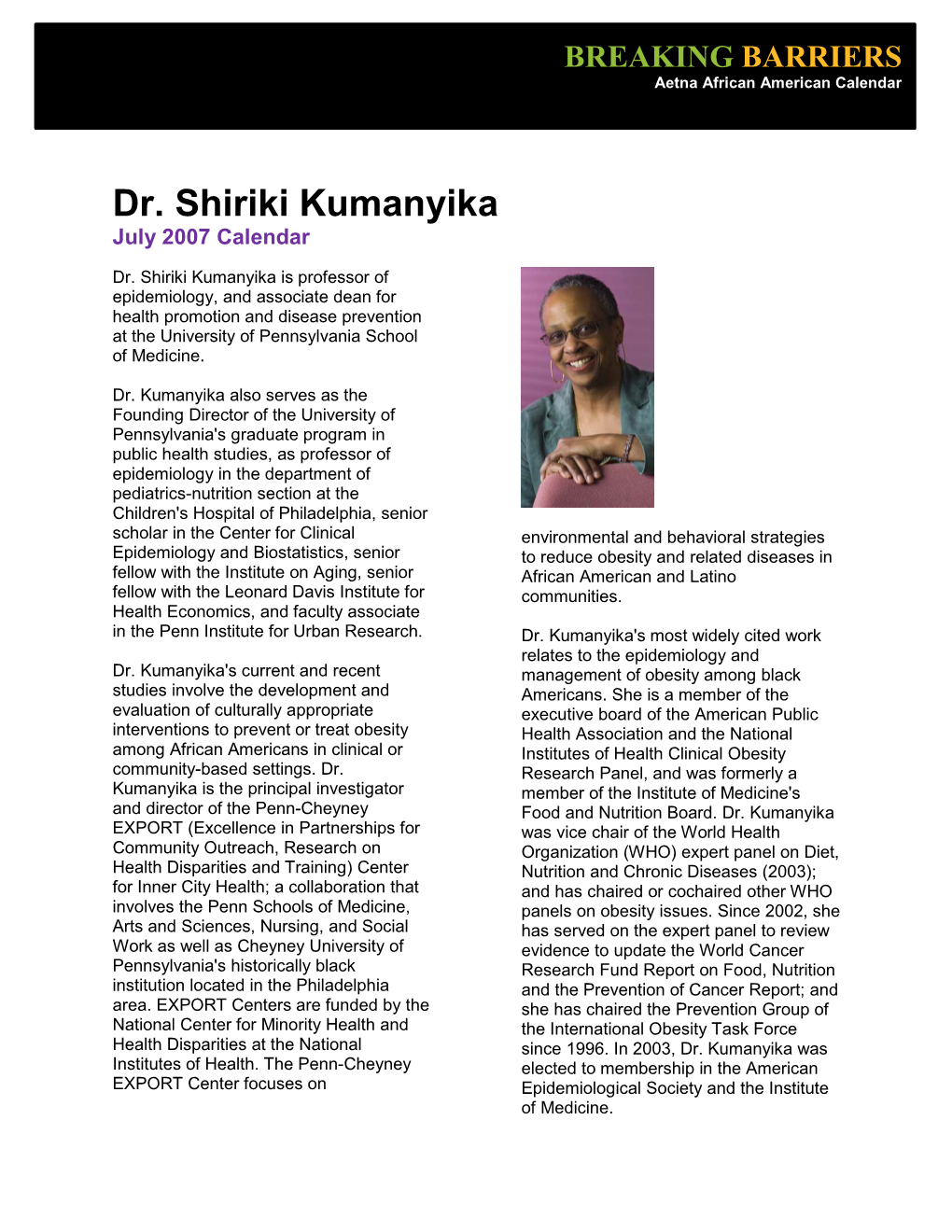 Biography for Dr. Shiriki Kumanyika