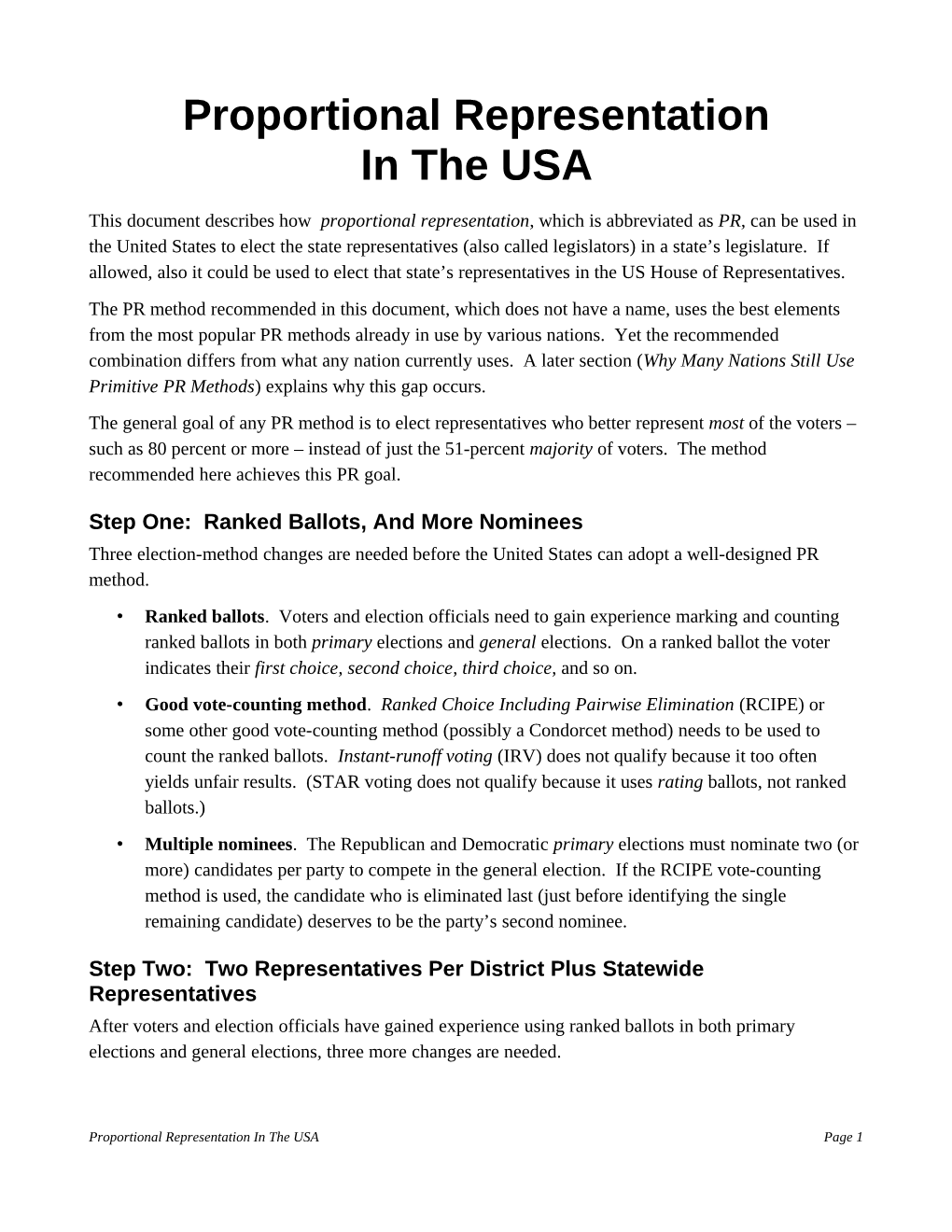 Proportional Representation in the USA