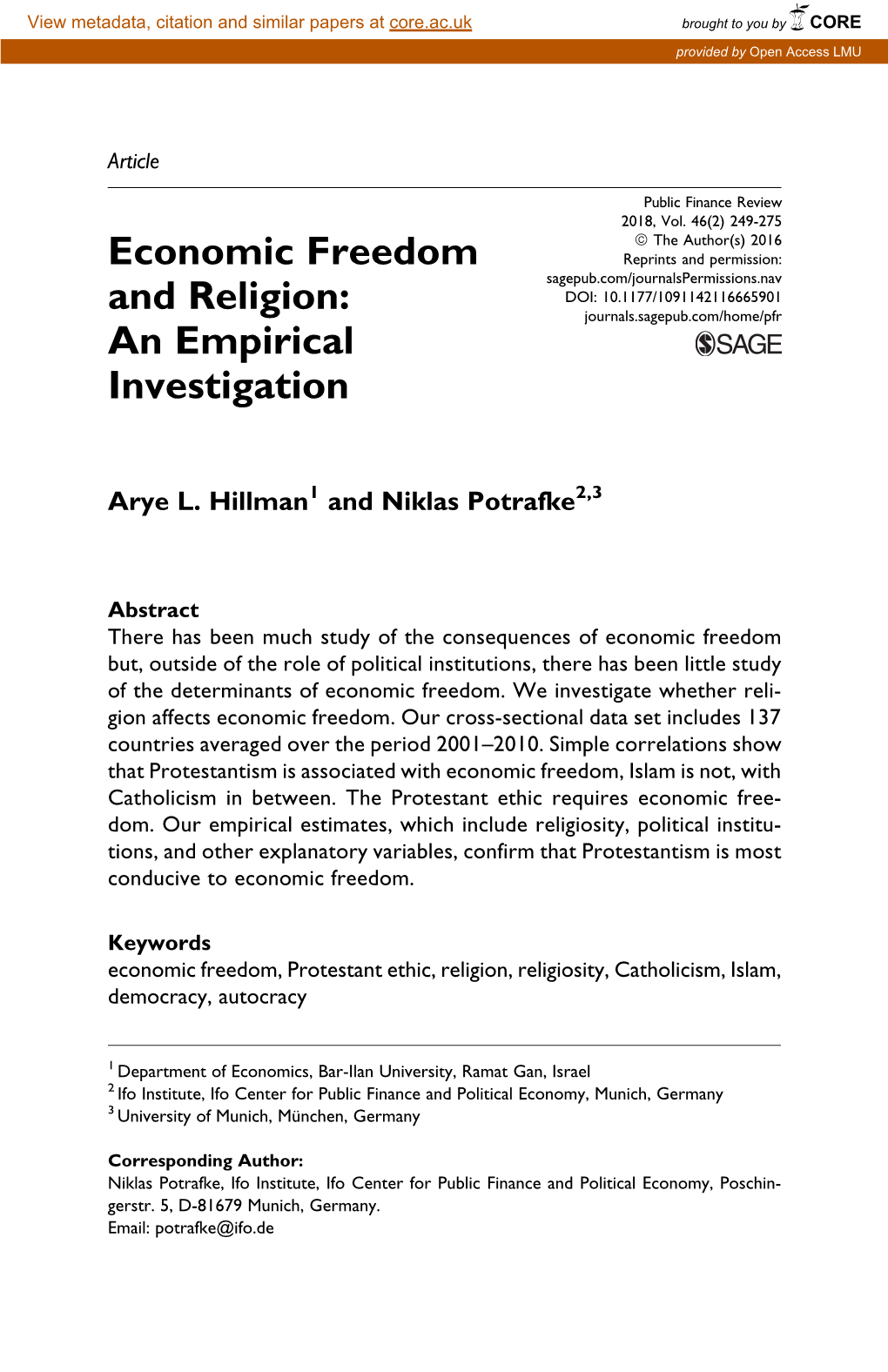 Economic Freedom and Religion