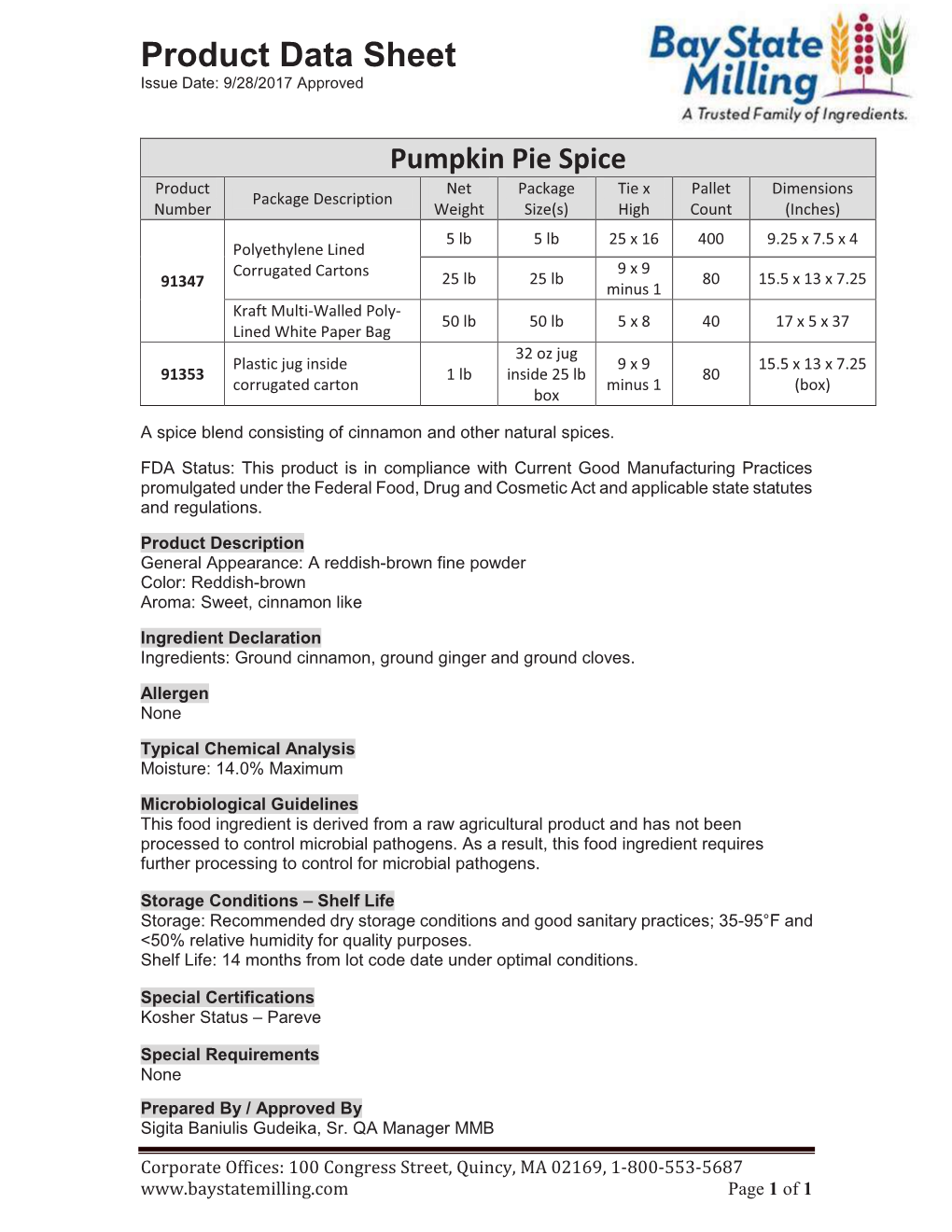 Pumpkin Pie Spice (91347 and 91353) SPEC 20170928