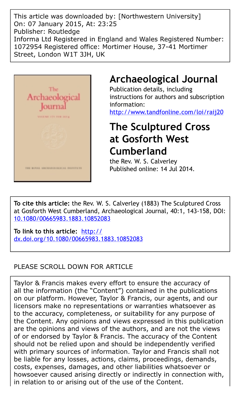 Archaeological Journal the Sculptured Cross at Gosforth West Cumberland