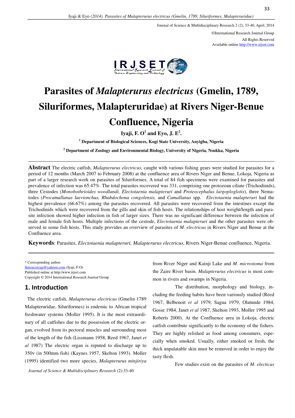 Parasites of Malapterurus Electricus (Gmelin, 1789, Siluriformes, Malapteruridae)